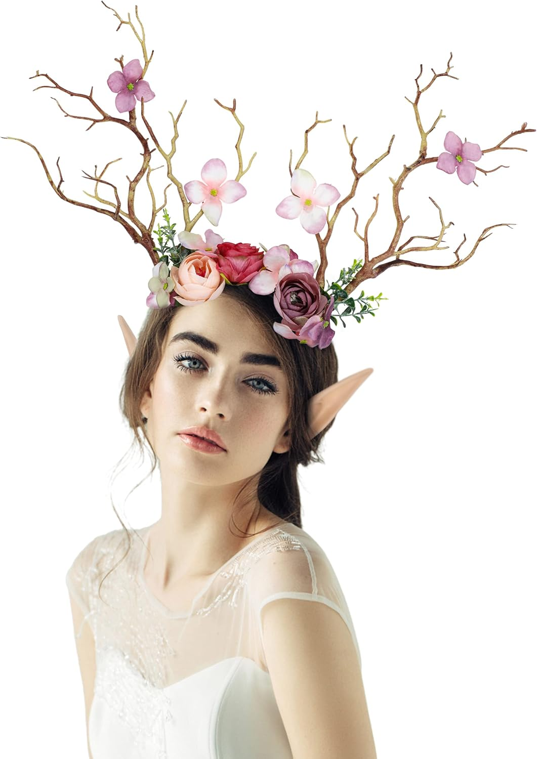 FRESHME Fairy Antlers Flower Crown - Handmade Elf Deer Reindeer Headbands Headpiece for Women Renaissance Cosplay Accessories