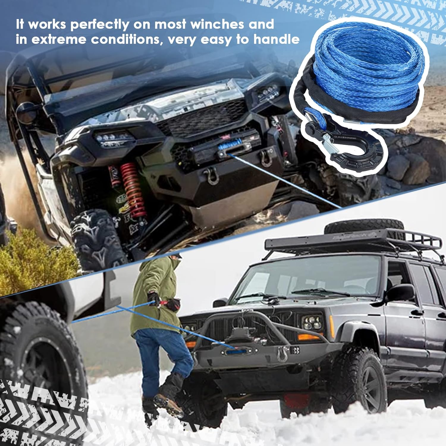 Carforu Synthetic Winch Rope 5/16'' X 50Ft,13000Lbs Synthetic Winch Line Cable Rope with Protective Sleeve + Forged Winch Hook for off Road Vehicle ATV UTV SUV Truck Boat Winch Accessory image number 6