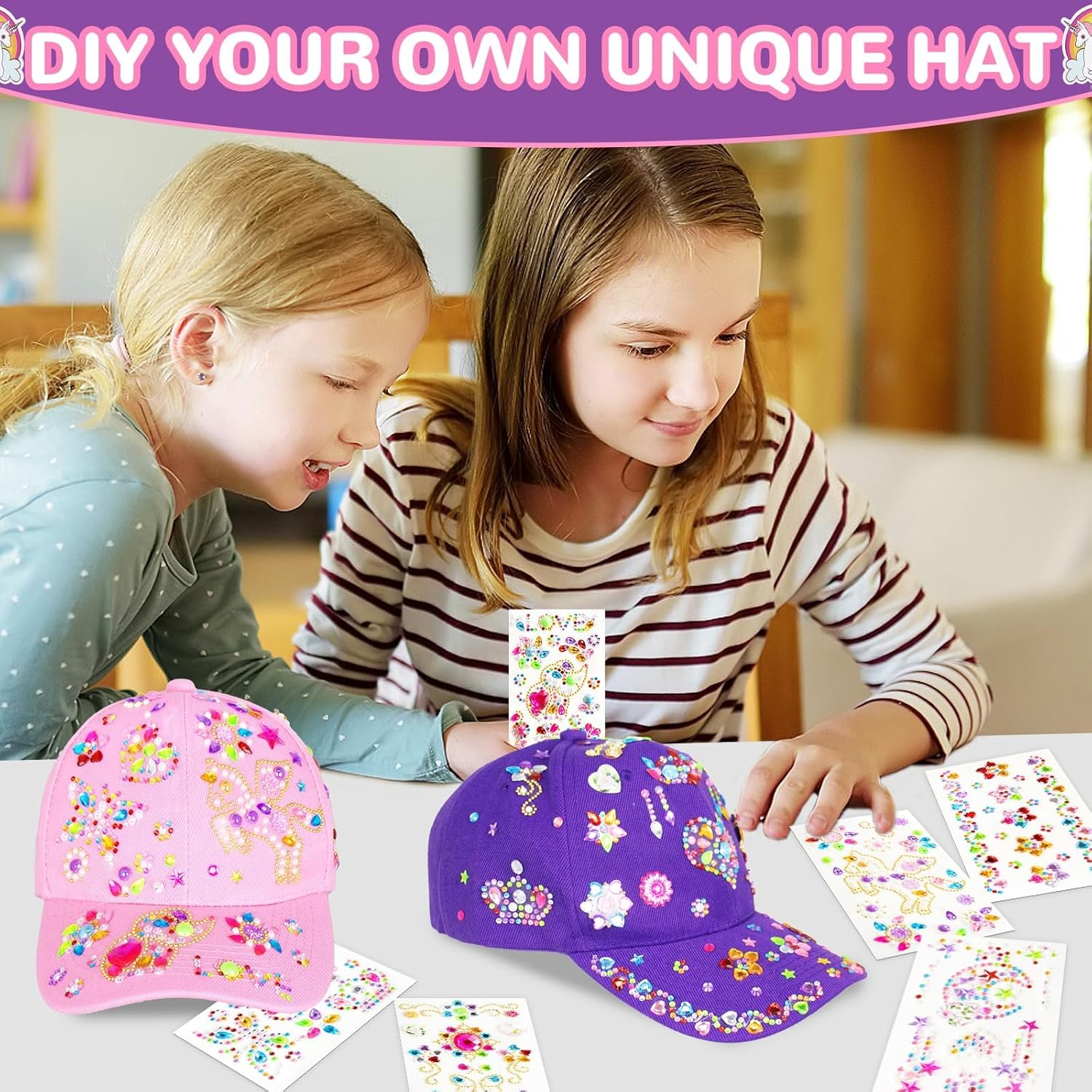 Gifts for Girls 4-12 Year Old, Art & Crafts Kit for Kids, Decorate Your Own Baseball Cap with Unicorn Glitter Gem Stickers Stickers, Fun Creative DIY Toys for Kids Girls image number 4
