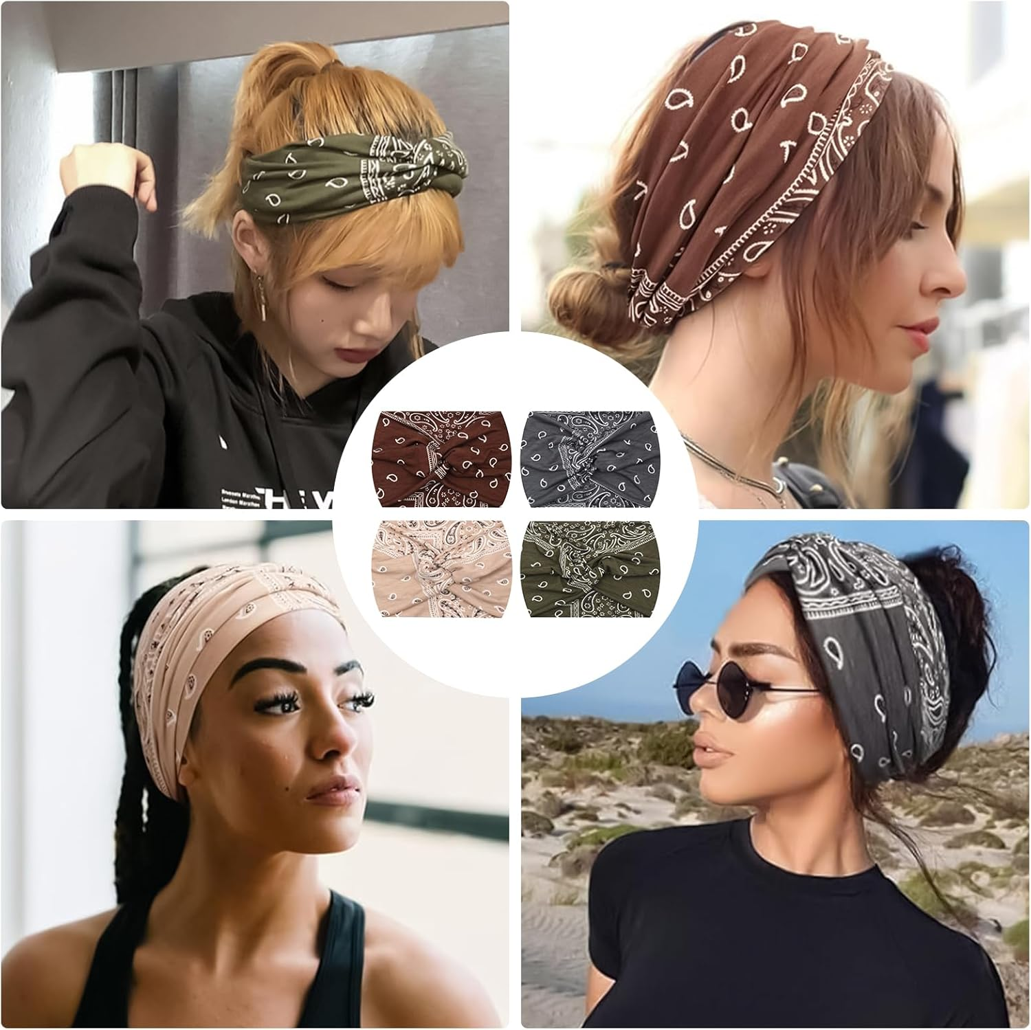 Pack of 4 Women'S Summer Boho Clothing Women'S Headbands, Headscarf, Elastic, Hair Bands, Hair Scarf Women for Tying Colourful, Make-Up Headband Girls, Hair Accessories Women, Headband Sport image number 3