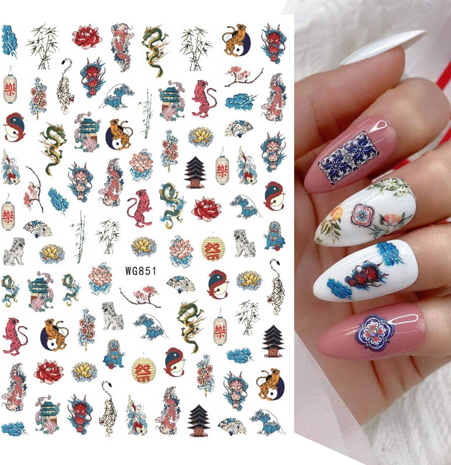 8 Sheets Blue and White Porcelain Nail Art Stickers Decals Self-Adhesive Pegatinas Para U&ntilde;as Retro Elements Tiger Lion Dragon Flowers Design Manicure Tips Nail Decoration for Women Girls - White,Yellow image number 2