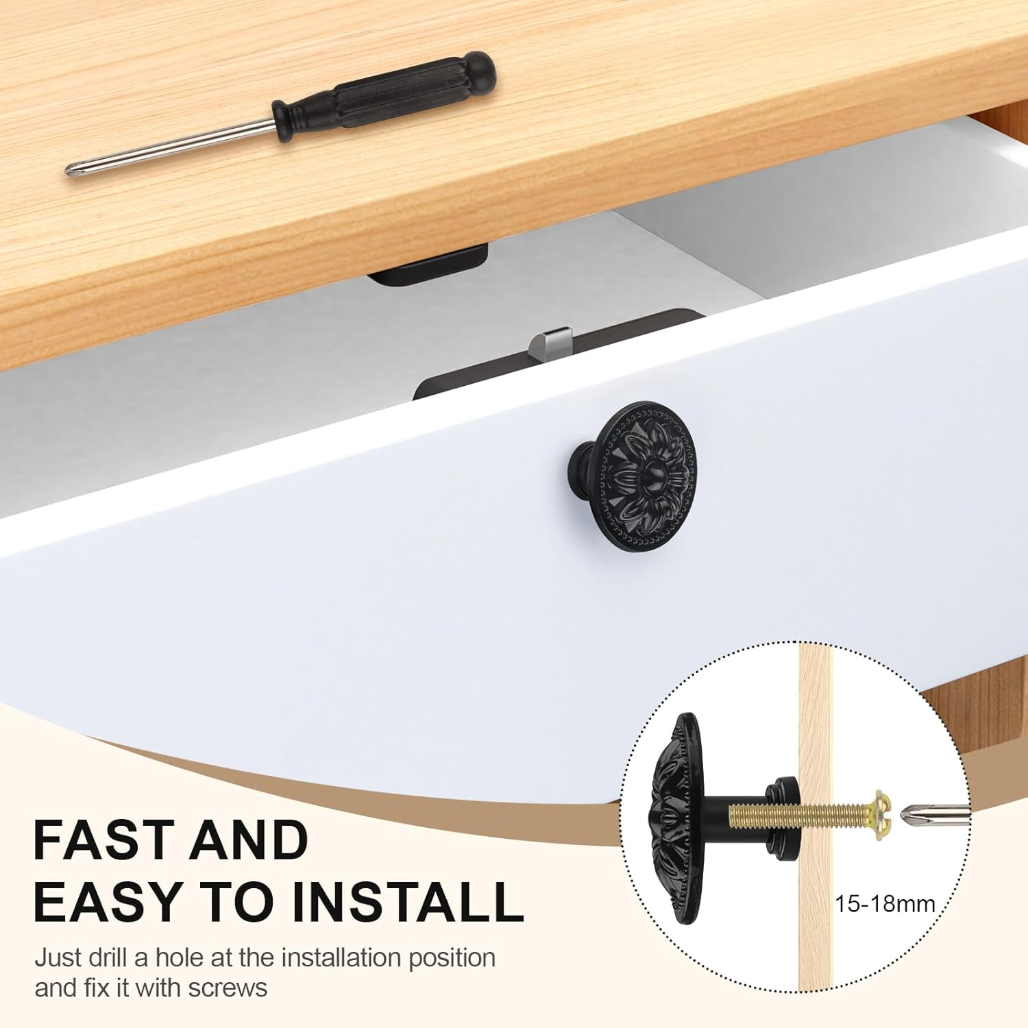 Ynewl Pack of 12 Vintage Furniture Handles, 30 Mm round Furniture Knobs with Screws Screwdriver, Floral Pattern Cabinet Knobs - Used for Cupboards, Wardrobes, Furniture and Hardware Handles (Black image number 2