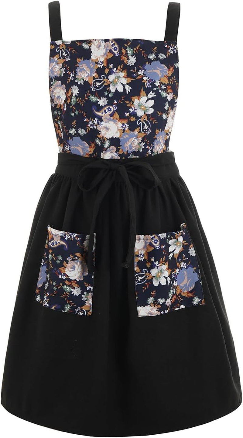 Vintage Pinafore Apron Dress for Women with Pockets Cute Floral Chef Aprons for Kitchen Cooking Baking Gardening