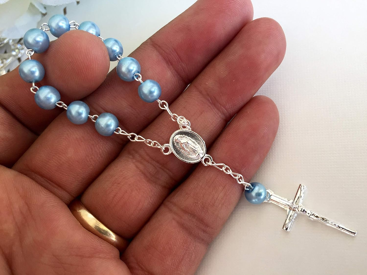 25 Pc Baptism Favors Baby Blue Crystal Pearls Silver Plated Mini Rosaries/Recuerdos De Bautismo/Christening Favors/Decenarios/Recuerdos De Bautizo Perlas Azul Cielo, Glass
