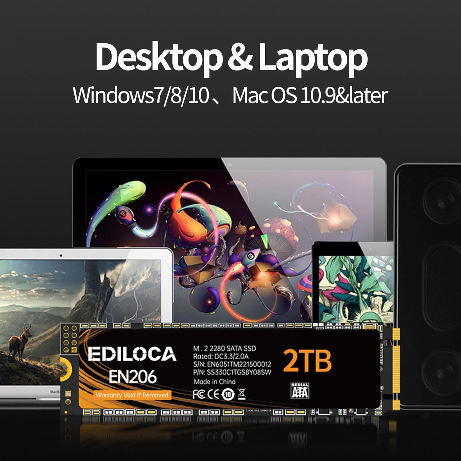 EN206 2TB SSD M.2 SATA 3D TLC NAND Flash, M.2 2280 SATA III 6Gb/S SSD Internal Hard Drive, Read/Write Speed up to 550/500 Mb/S, Compatible with Ultrabooks, Tablet Computers and Mini Pcs