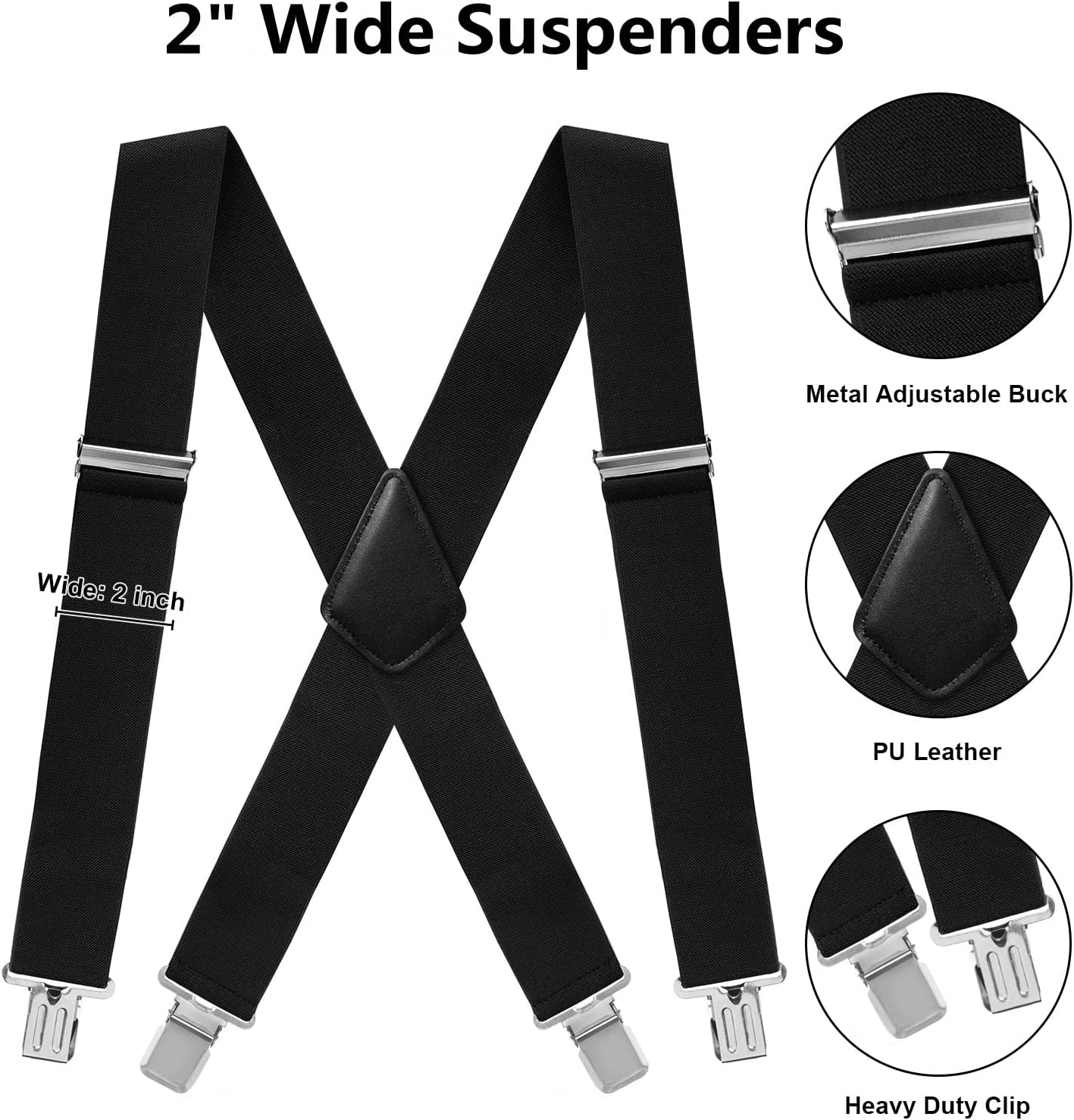 Fasker Mens Suspenders Y-Back 2" Wide Adjustable Braces Solid Straight Clip Suspenders - 03 Grey(2 Inch Wide) image number 3