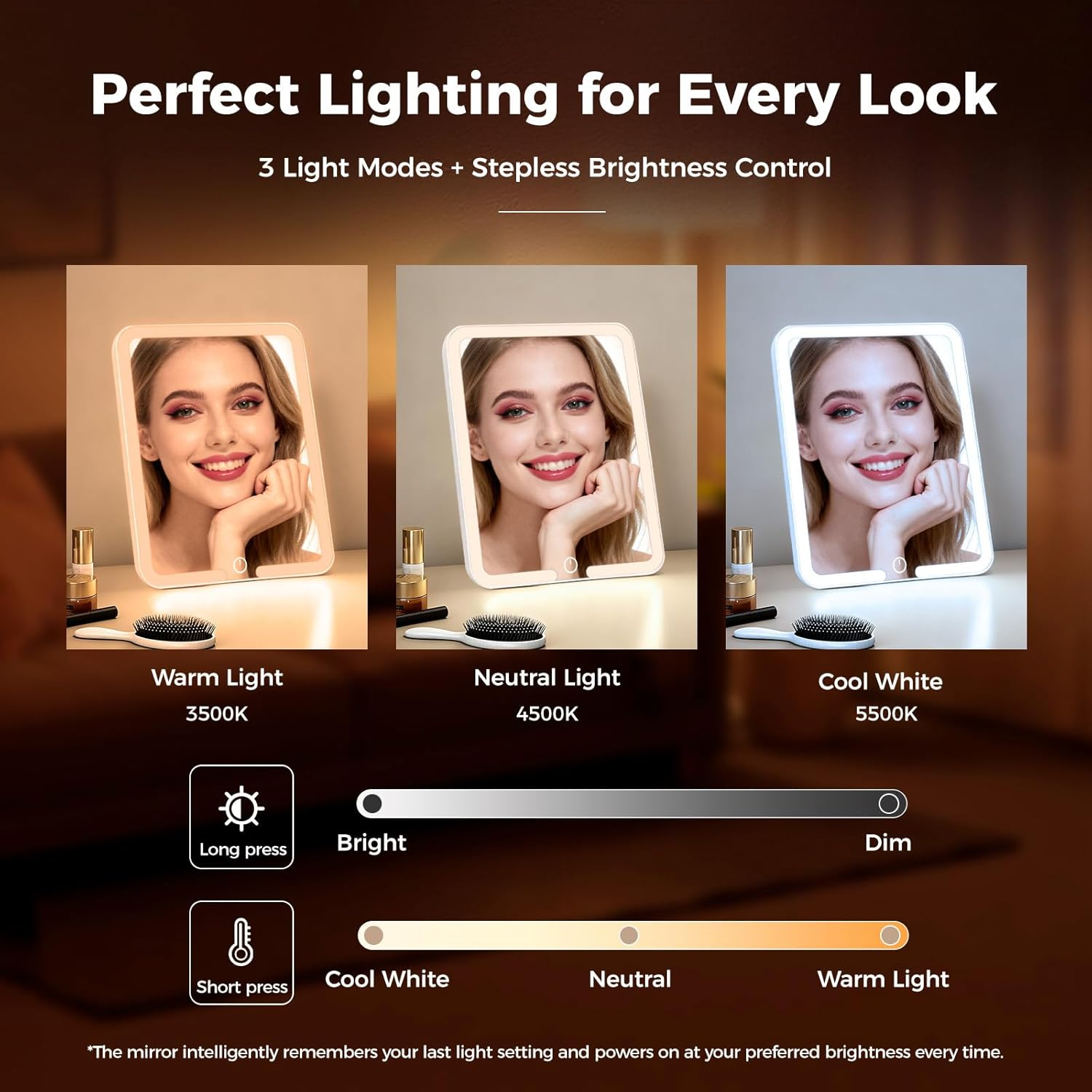 LED Makeup Mirror, Caffobiz Portable Mirror with 3 Adjustable 3 Light Modes, Usb-Rechargeable (Type-C Included), 20Cm*23Cm, Touch Control, 2000Mah Battery for Travel, Home, Dorm image number 4