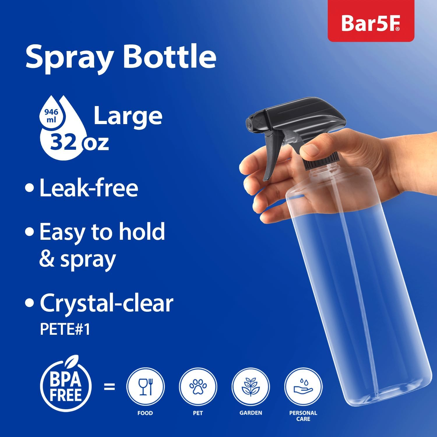 BAR5F Plastic Spray Bottle, BPA Free PETE1, 32 Ounce, Crystal Clear, N7 Sprayer - Spray/Stream/Off (Pack of 3) image number 4