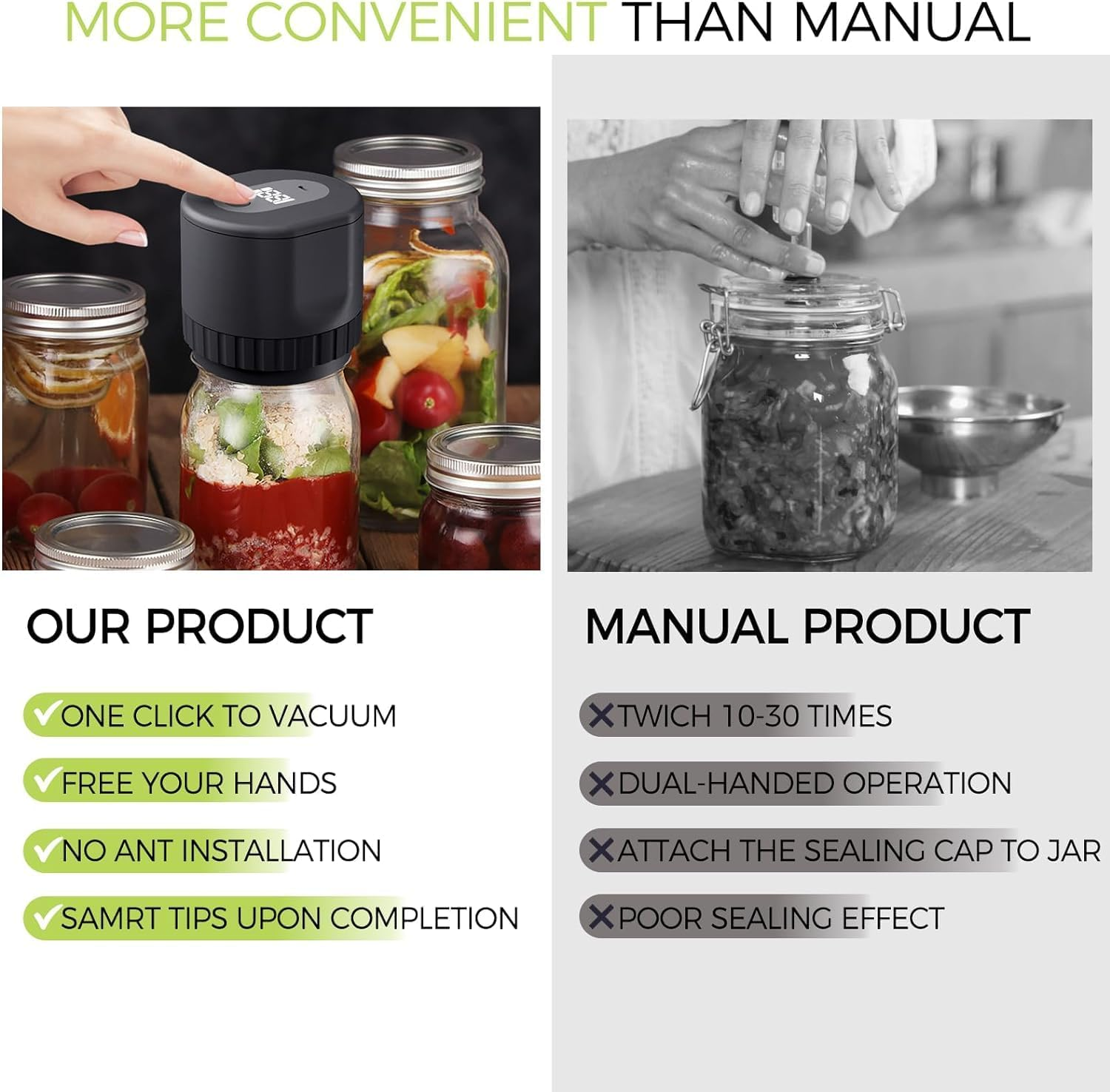 Electric Mason Jar Vacuum Sealer Kit, Canning Vacuum Sealer Machine with 10 Jar Lids and Opener for Dry and Moist Food Storage (Black) image number 2