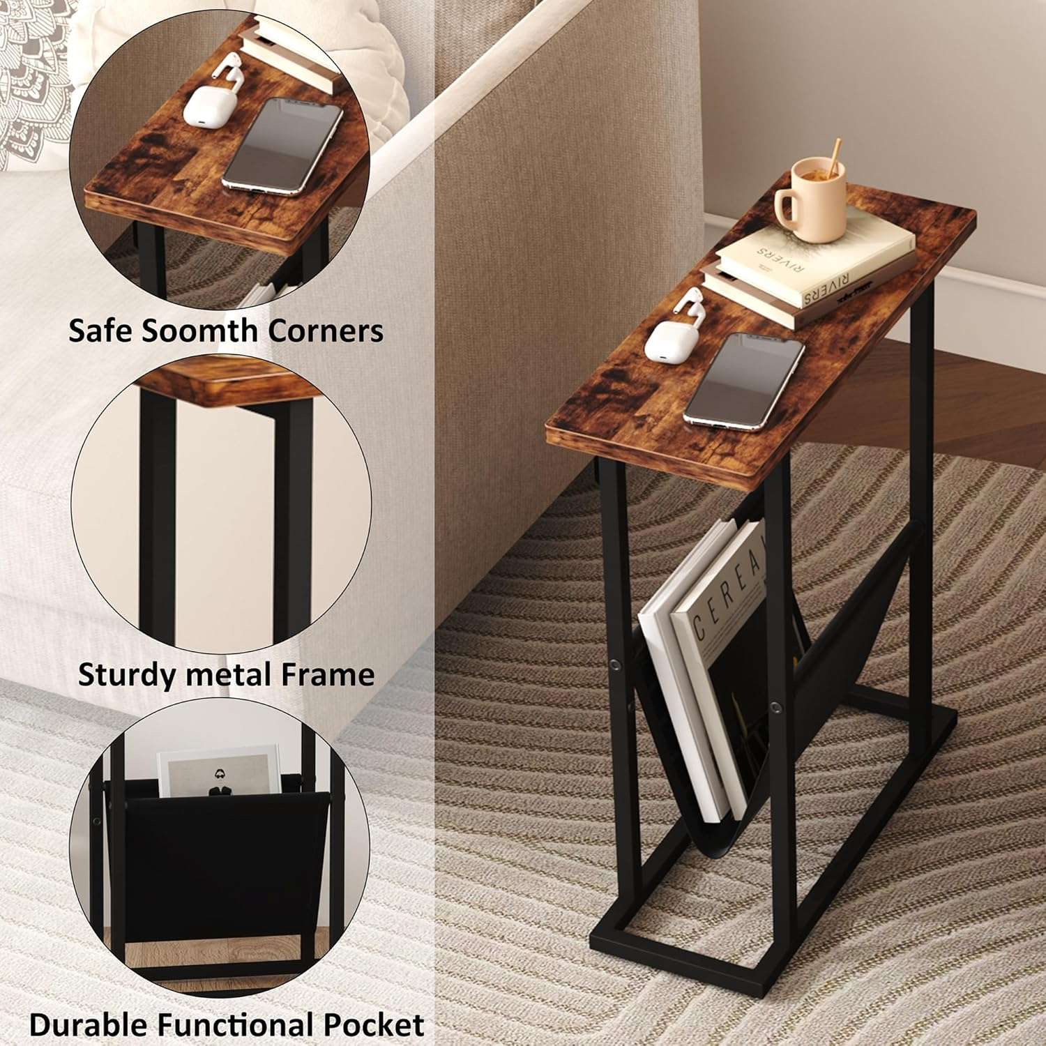 HOMEFORT Narrow End Table with Magazine Holder Slim Side Table for Living Room, Bedroom, Sofa Small Spaces, Rustic Brown image number 3