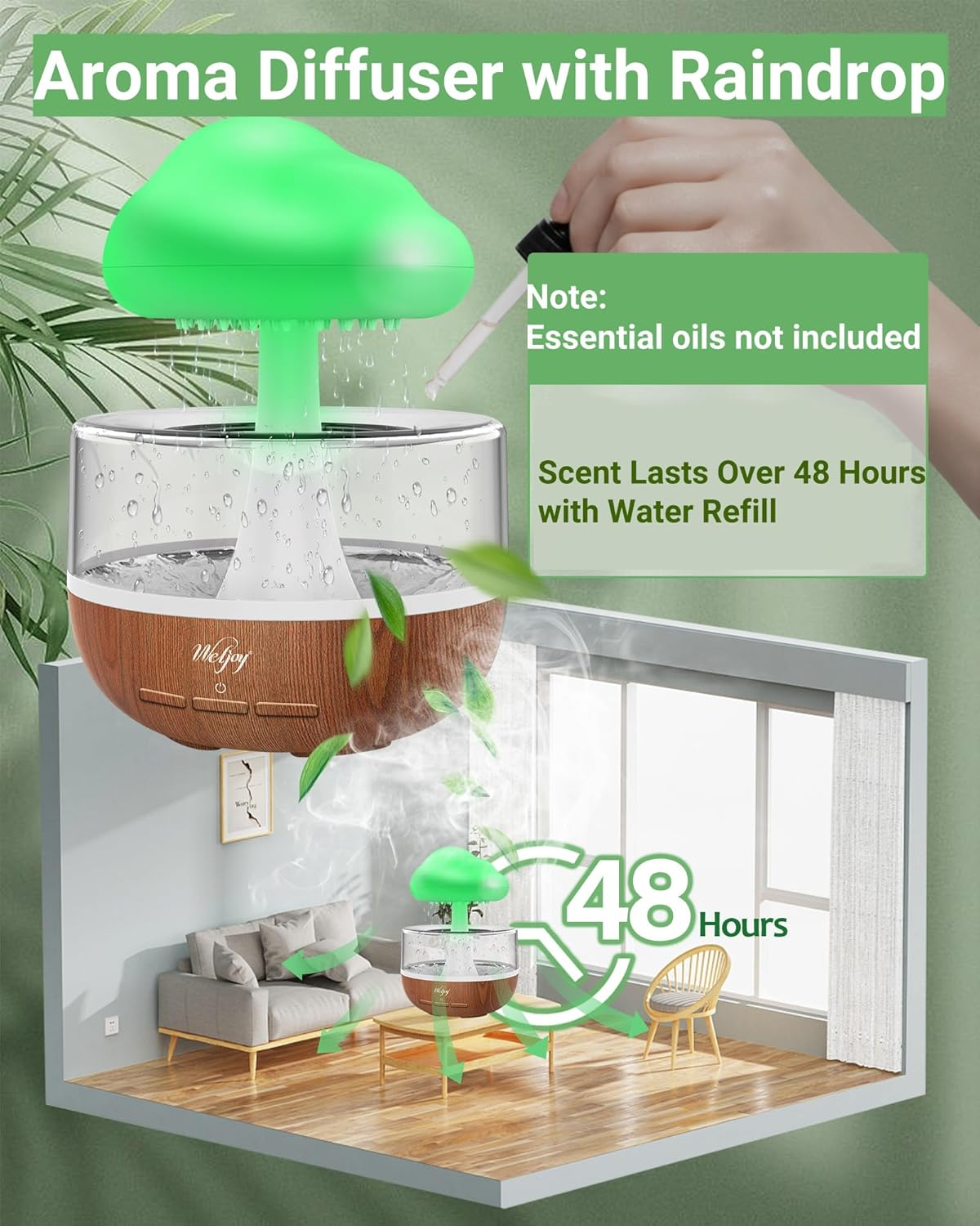 Weljoy Zen Raining Cloud Night Light Aromatherapy Essential Oil Diffuser Micro Humidifier Desk Fountain Bedside Sleeping Relaxing Mood Water Drop Sound (Light Wood Pattern) - Light Wood Pattern image number 2