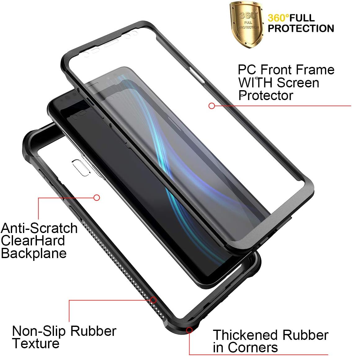 Dexnor Case for Samsung Galaxy S9 360 Full Body 3 Layers Protection Cover Shockproof Bumper Crystal Clear Slim Anti-Scratch Back Panel with Built-In Screen Protector - Black - Black image number 4