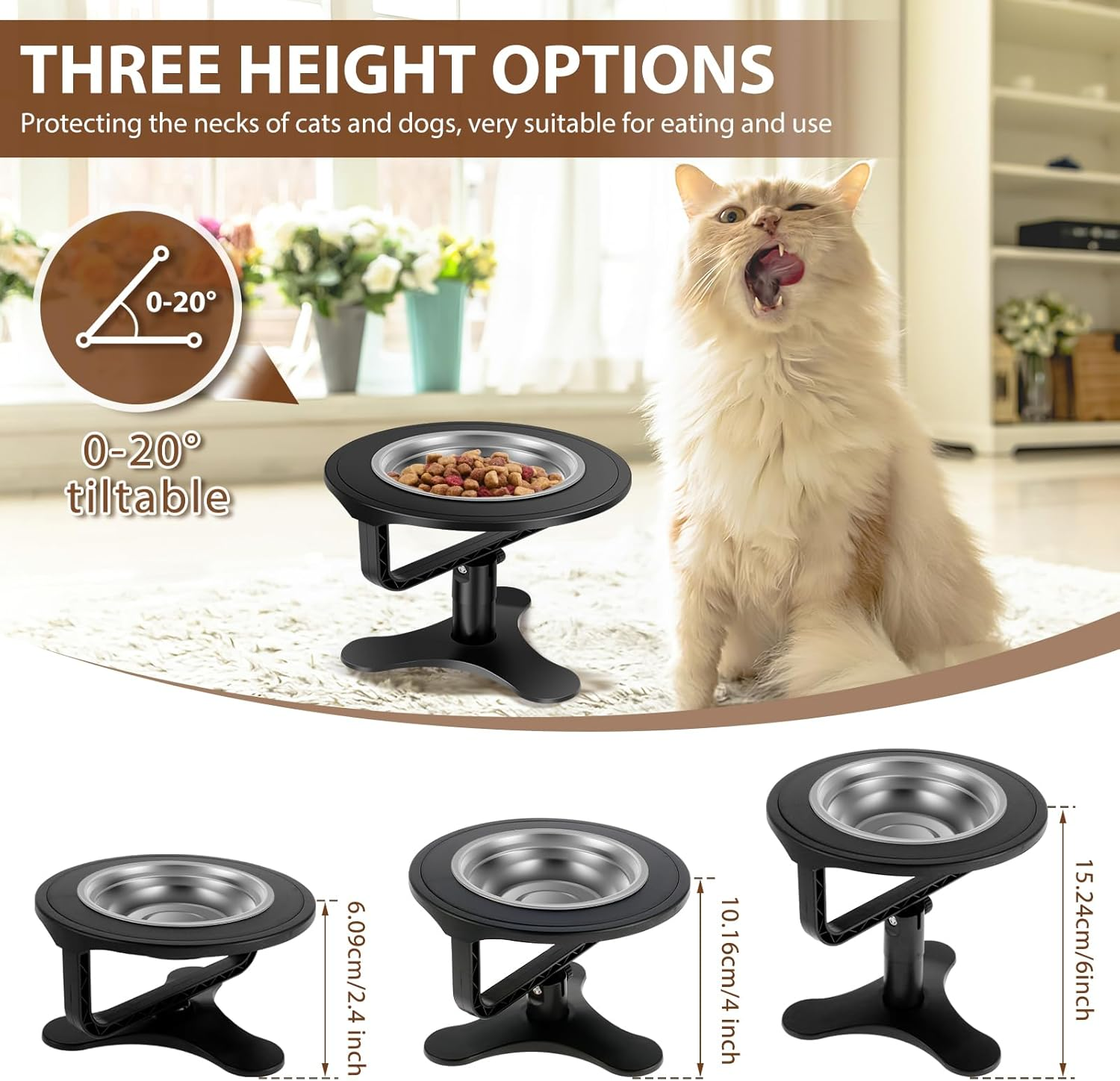 Cat Bowl Stand with Bowl Height Adjustable Cat Food Stand Tilted Cat Food Bowl Stand Raised Cat Food Bowl Easy to Cleaning Cat Dishes Tilted for Cats and Small Dogs