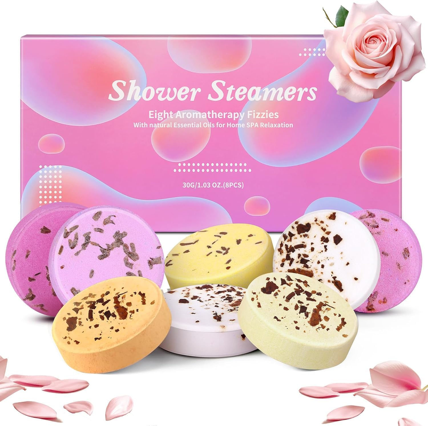 Shower Steamers with Essential Oils, 8-Pack Aromatherapy Tablets for Stress Relief and Home Spa Relaxation, Self Care Gift Set for Women, Moms and Teens image number 4