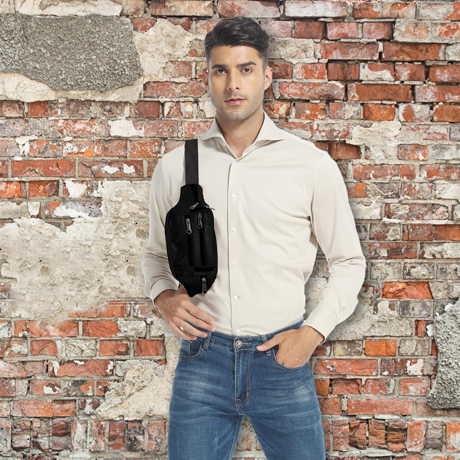 Isuntop Genuine Leather Waist Pack Waist Bag Waterproof Hip Belt Bag Organizer with Adjustable Belt Multiple Pockets Funny Pack for Sport Travel Hiking(Black) - Brown image number 6