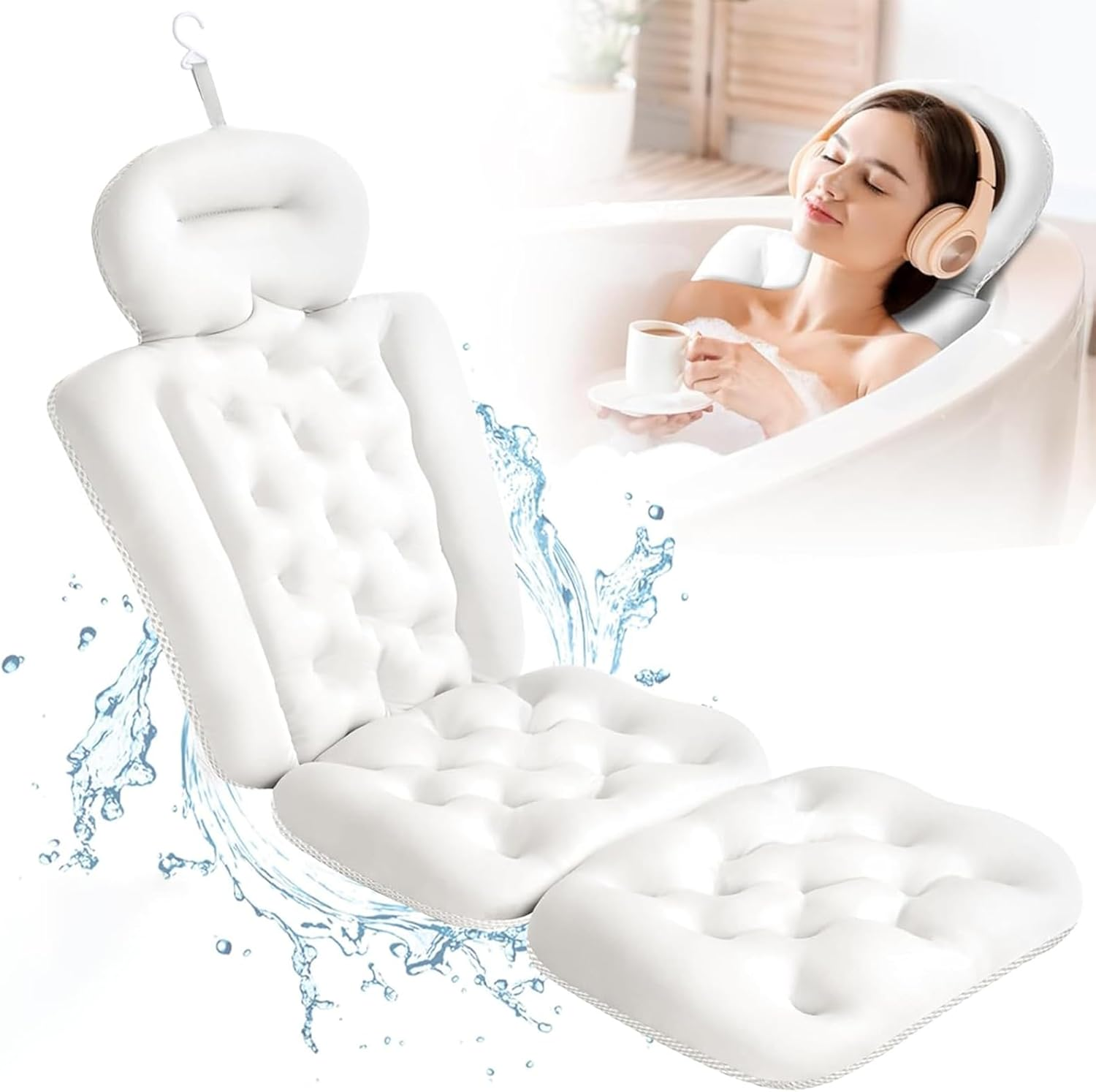 Bath Pillows for Bathtub Full Body, Ultra-Thick Tub Cushion for Butt, Luxury Bathroom Accessories Spa Pillow with 168 Suction Cups for Head and Neck Support with Laundry Bag White image number 6