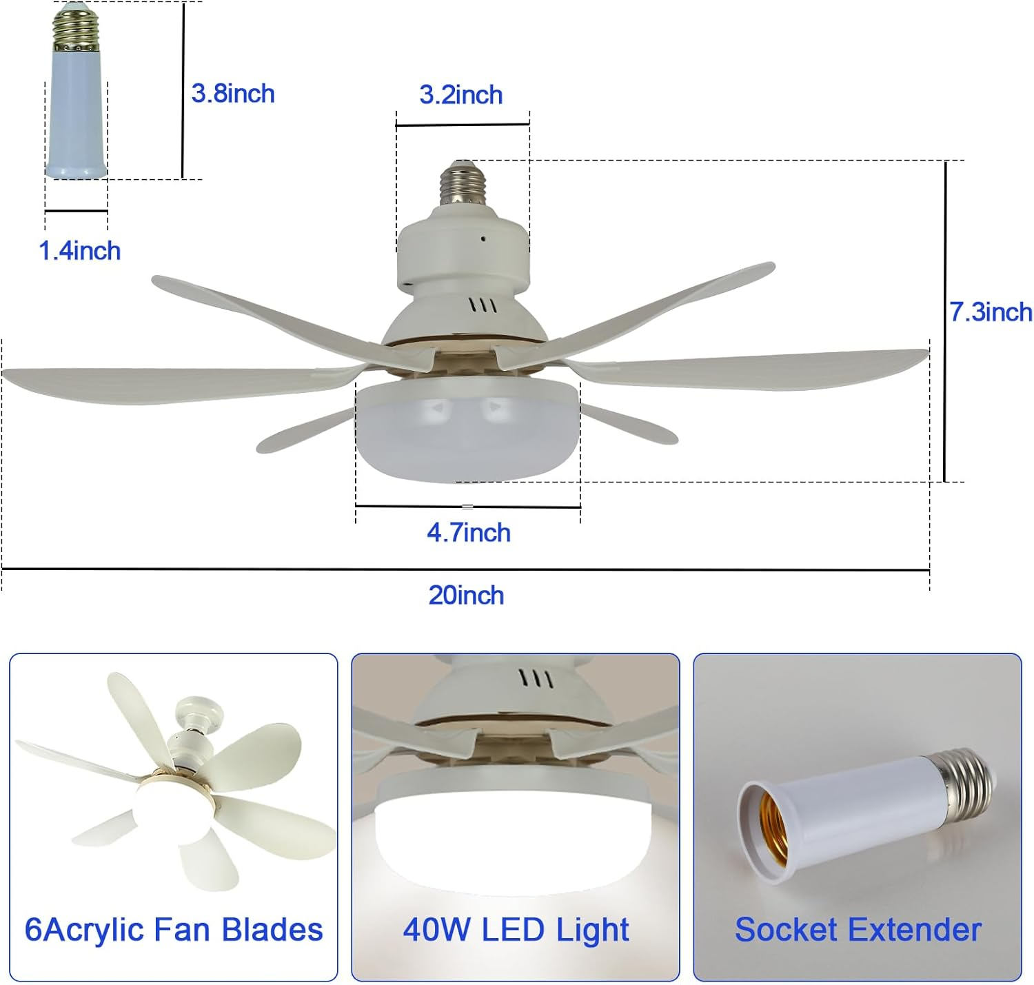 52CM Ceiling Fan with Light and Remote, Screw in Ceiling Fan in Light for Socket E26 E27, 40W Outdoor Small Dimmable Ceiling Fans with Light for Bedroom, Garage, Patios, Kitchen, Farmhouse image number 6