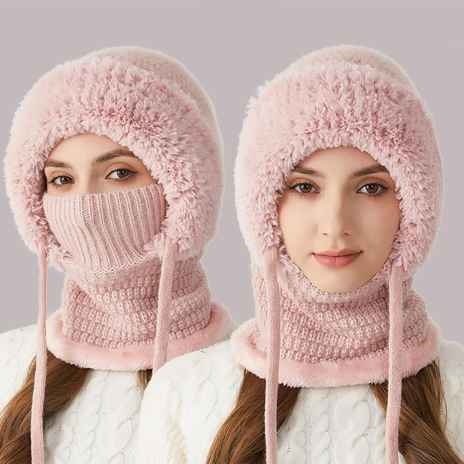 3-In1 Beanie Hat for Women | Winter Womens Beanie Hats | Windproof Knitted 3 In1 Storm Hood with Scarf and Face Maskes | Winter Snow Caps Plush Earmuffs Hats for Outdoor, Skiing & Hiking - Cream Colored image number 2