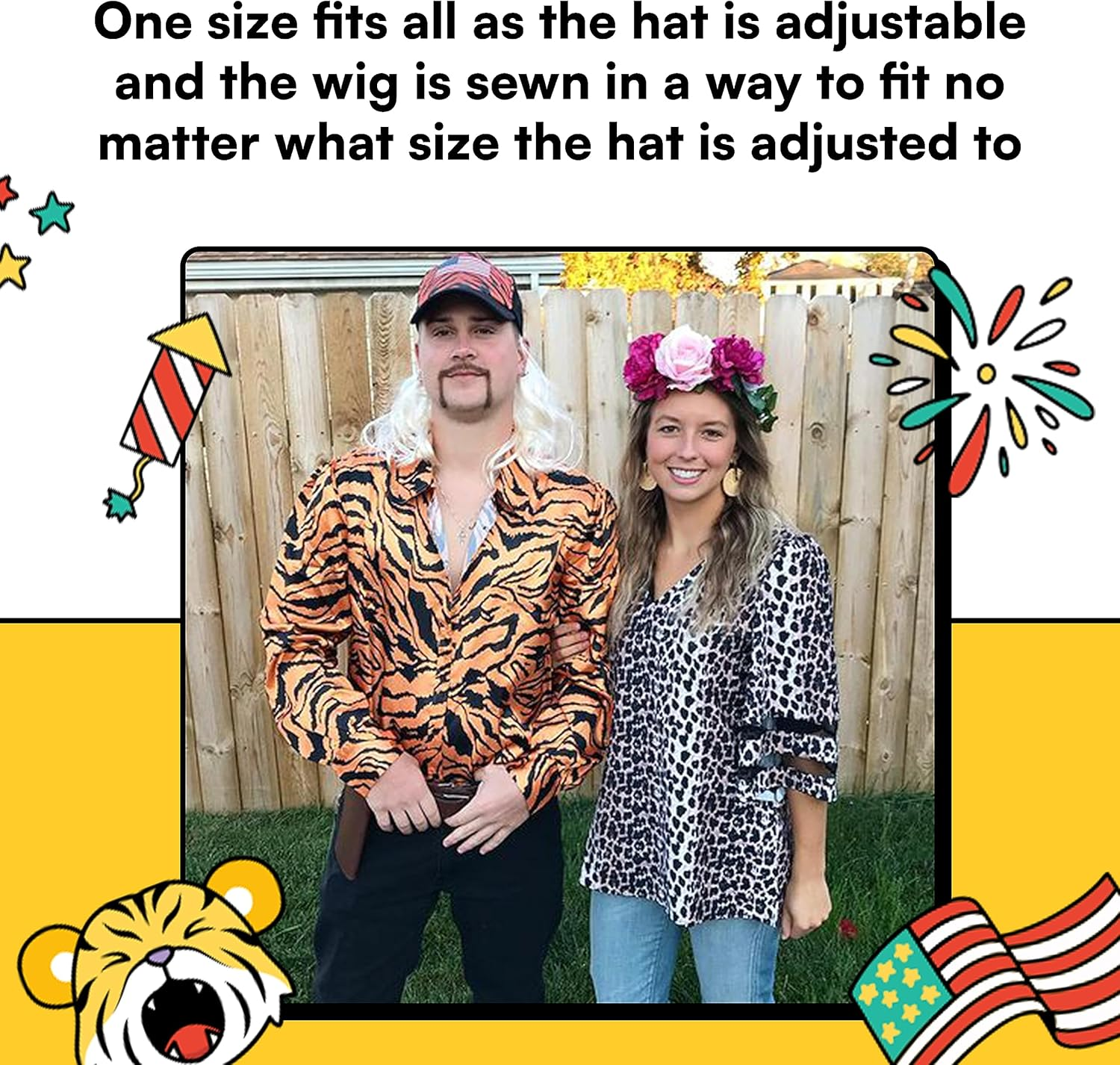 Watt'S Wigs - Exotic Tiger Joe Costume Kit, Blonde Mullet Wig with Hat, Clip on Earrings, and Mustache - One Size Fits All