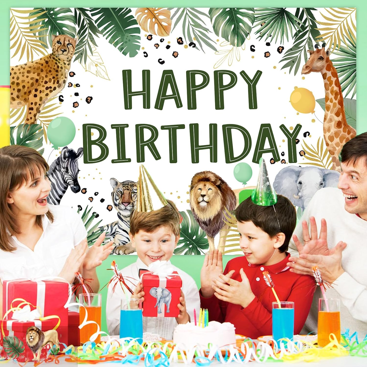 Wonmelody 7 * 5Ft Jungle Happy Birthday Backdrop Decor Safari Animal Zoo Theme Birthday Backdrop Banner Tropical Forest Backdrop with Lion Leopard Zebra Elephant for Boy 1St 3Rd 5Th Safari Birthday image number 5
