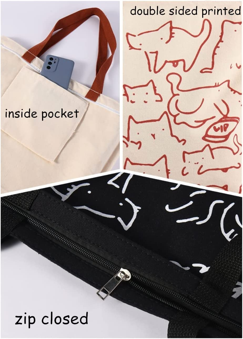 Cat Canvas Tote Bag, Large Cute Tote Bag for Women with Zip, Cotton Reusable Shopping Bag with Pocket, Shopper Bag Cat Lovers Gift image number 3