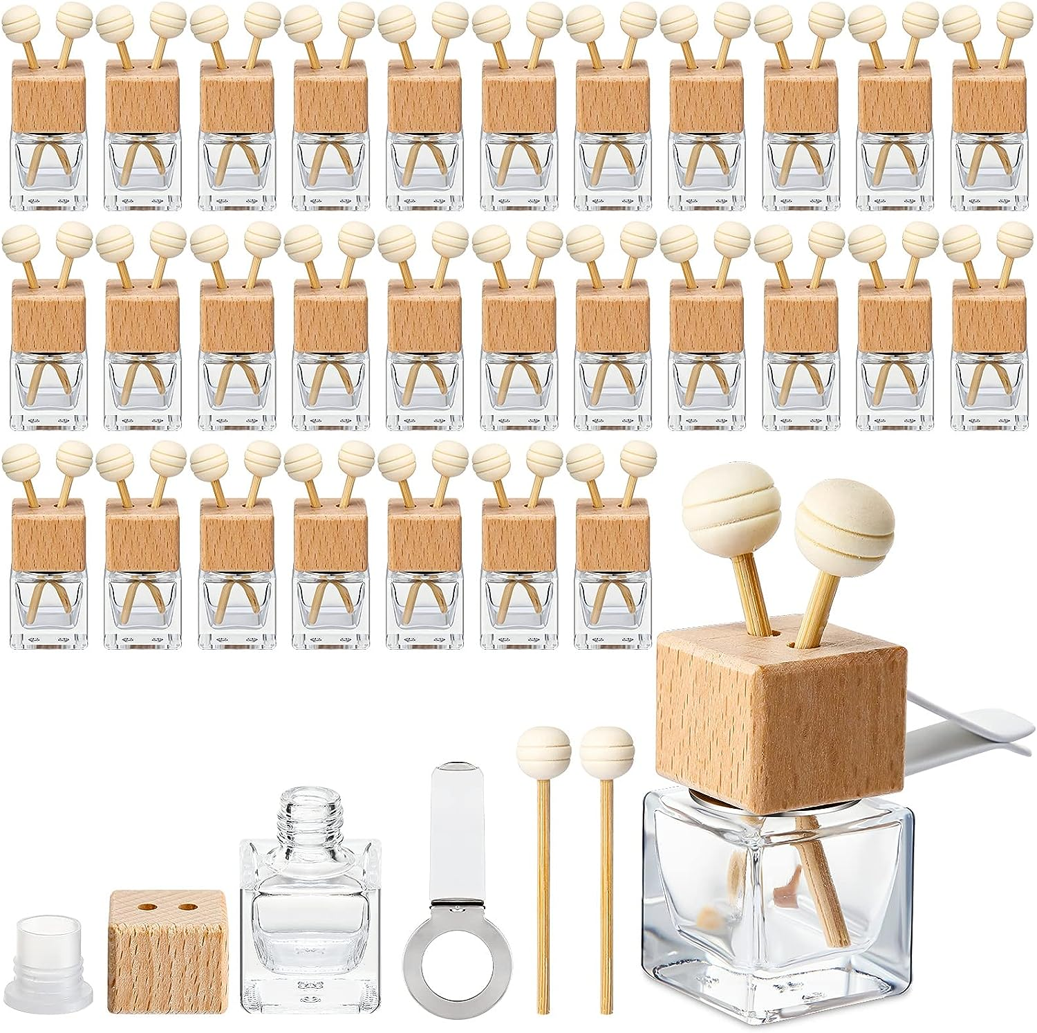 Zubebe 30 Pack 8 Ml Clear Car Diffuser Air Freshener Bottle Empty Essential Oil Auto Glass Perfume with Vent Clip Wooden Caps & Sticks for Scent Fragrance Ornament Decor image number 3