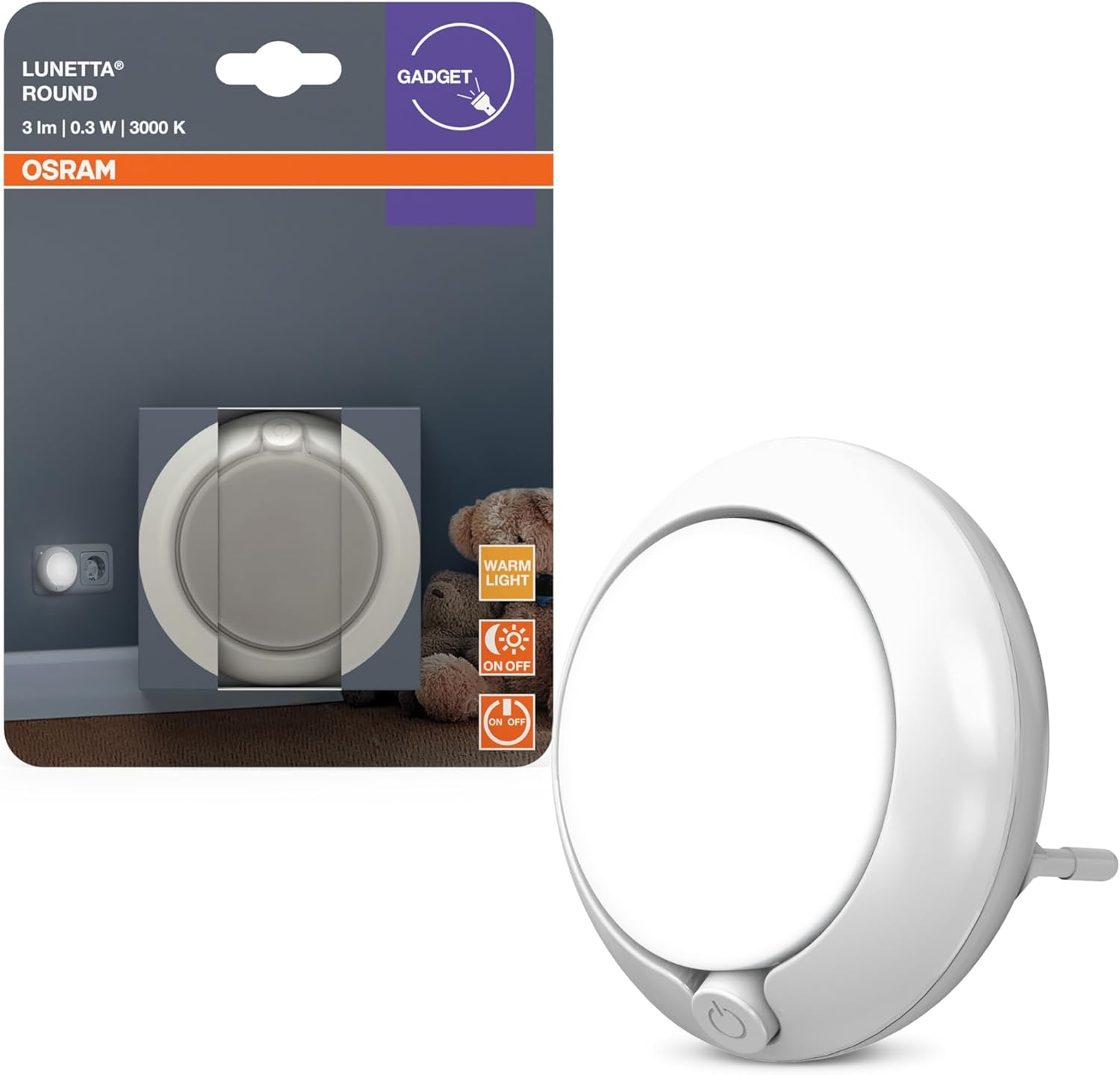 OSRAM Lunetta round Night Light White with Sensor, LED Technology, 3 Lm Luminous Flux, 3000 K Warm White, On/Off Switch, Socket Mounting