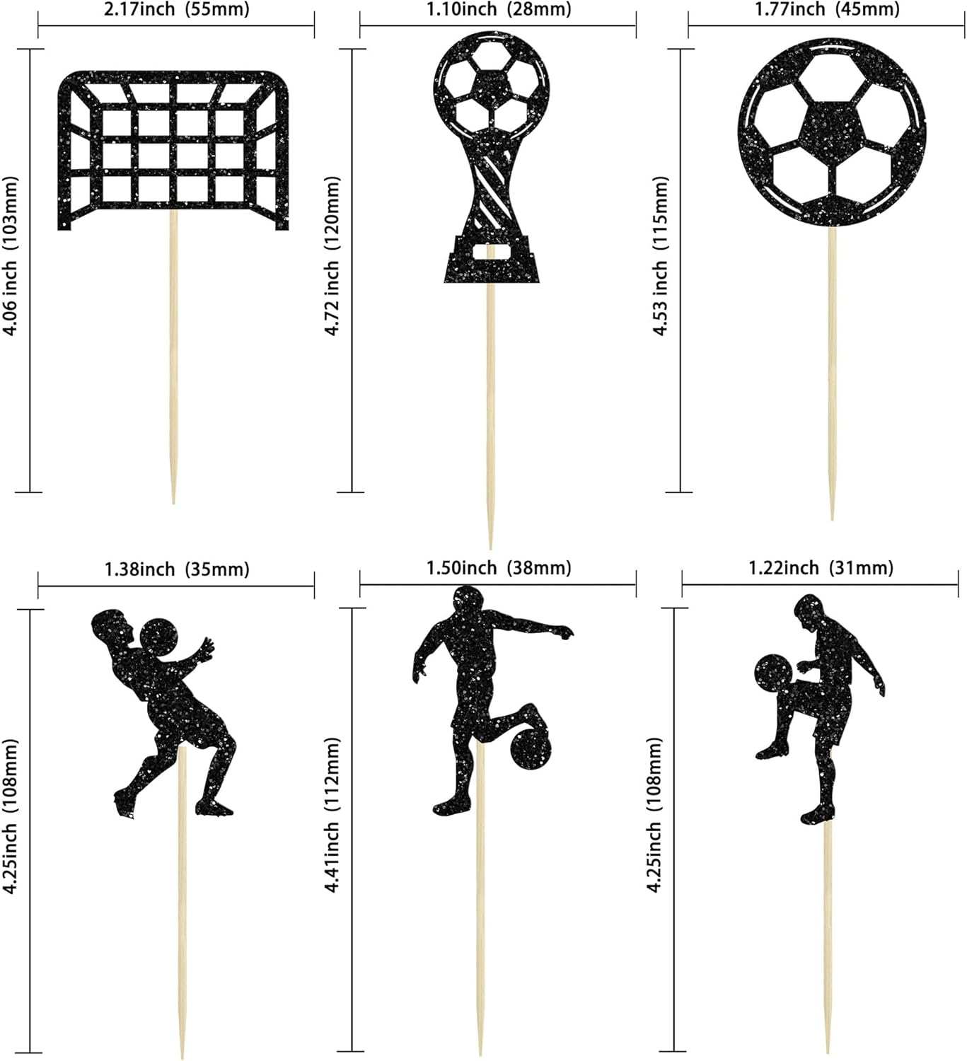 24Pcs Soccer Cupcake Toppers Glitter Soccer Ball Cupcake Picks Sport Cake Decorations Football Theme Birthday Party Baby Shower Kids Boys Men Birthday Party Favors Supplies Black - Black image number 2