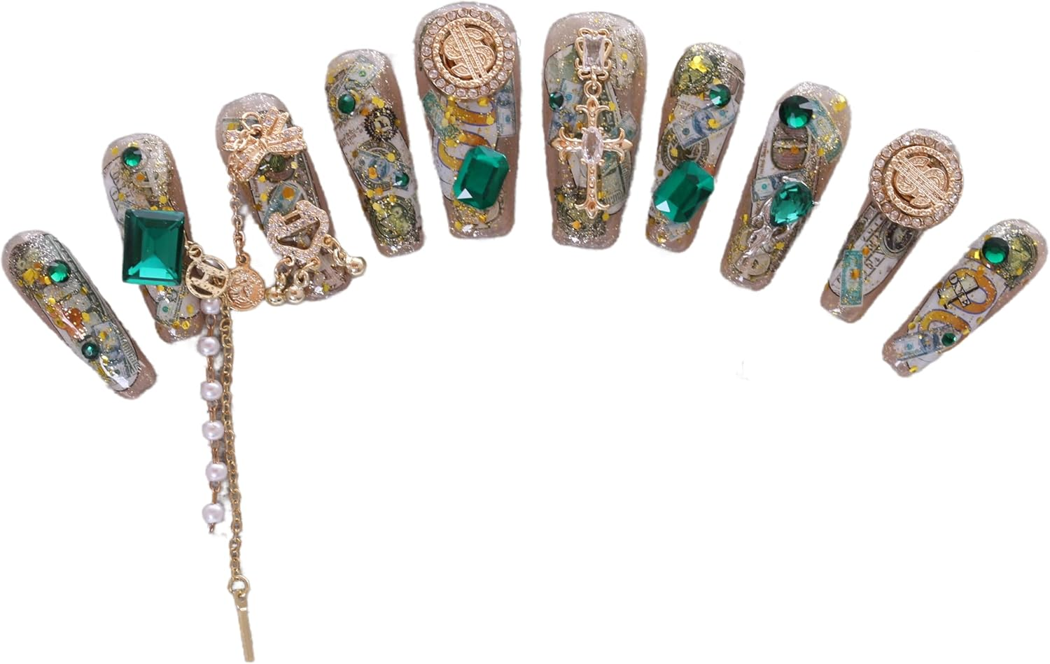 PN-029 Press-On Nails Lacquered Pack of 10 Reusable Artificial Premium Nails Dollar $ Chain Green Crystal Stones Gold Beige image number 1