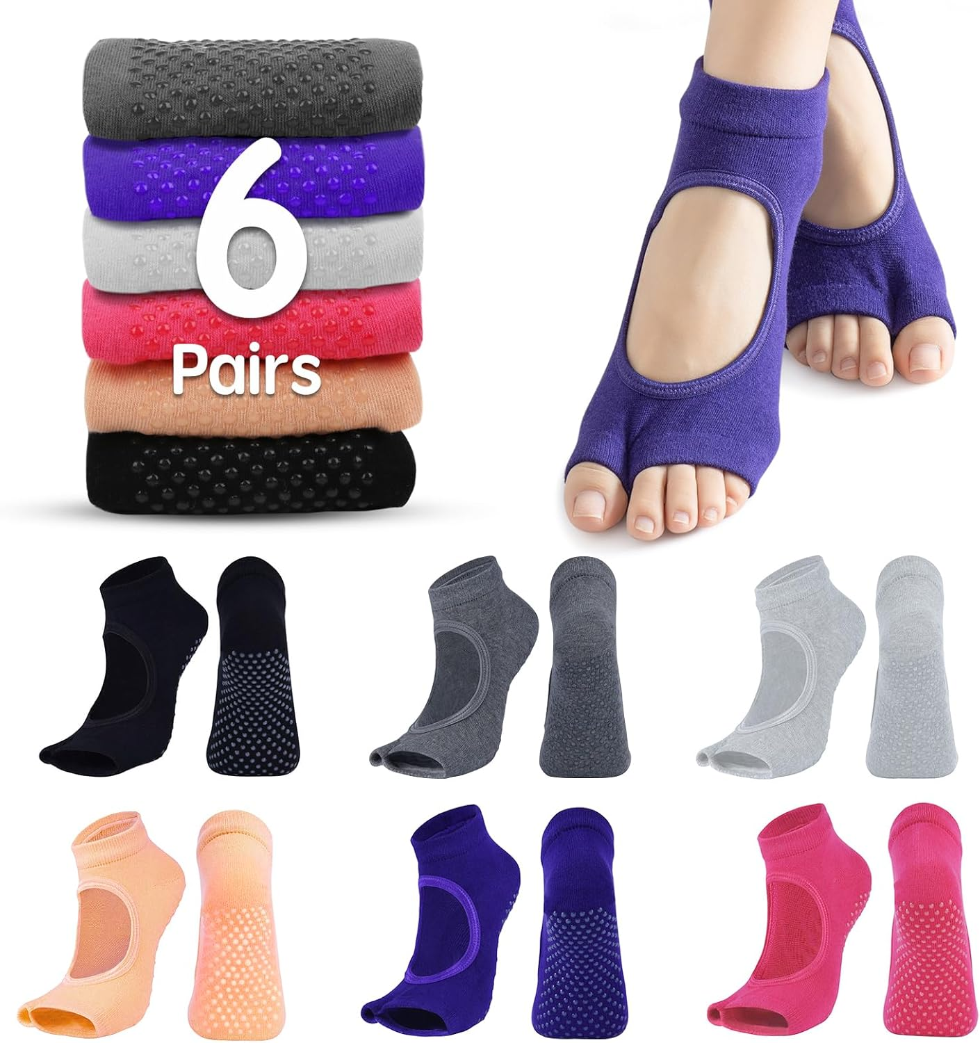 ZCOINS 6 Pairs Toeless Yoga Pilates Grips Socks for Women, Non Slip Sticky Pilates Socks with Grips, Yoga Accessories for Women for Barre Ballet Workout Barefoot Dance Gym image number 6