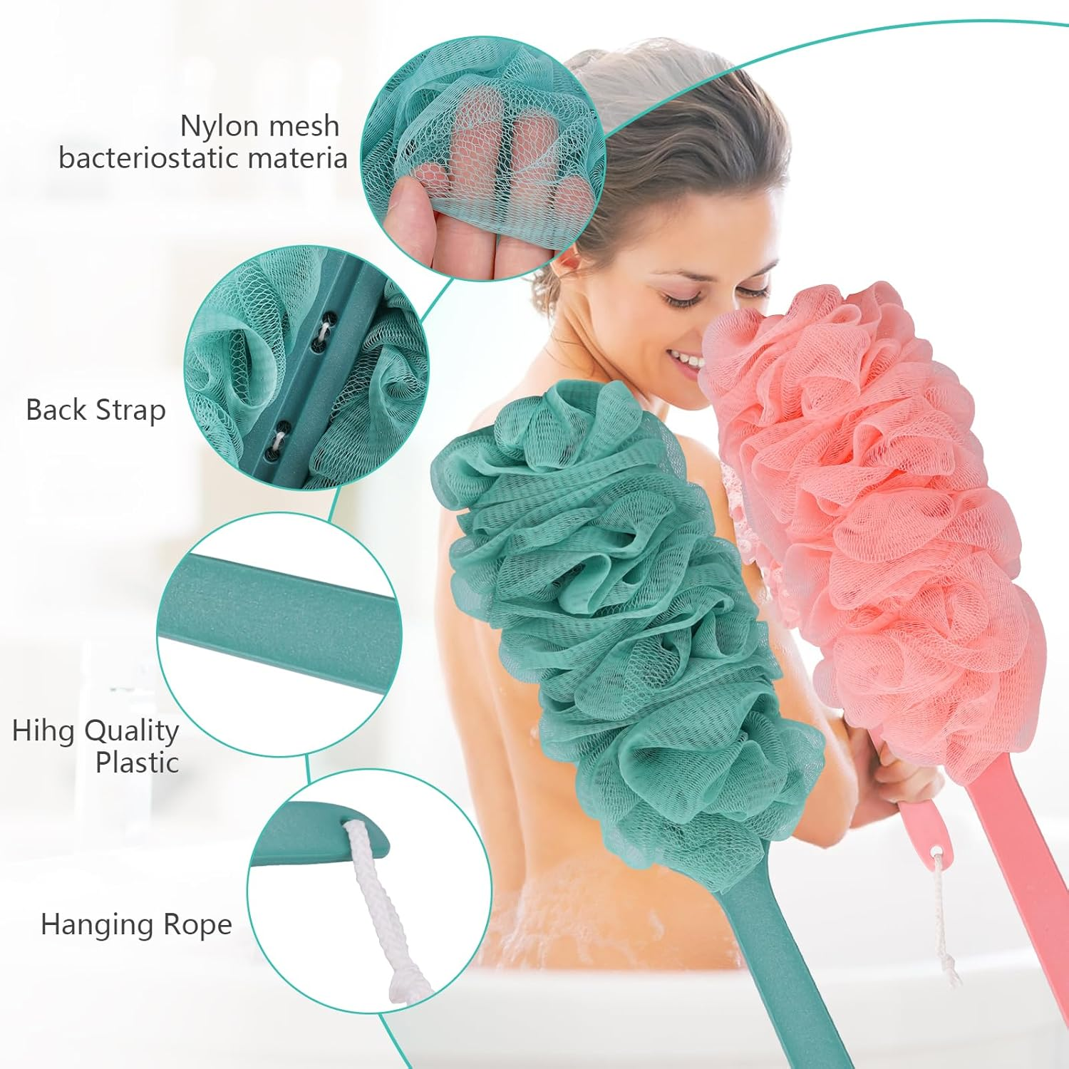 2 Pack Back Scrubber Brush Shower Loofah for Men or Women 17&Prime; Body Scrubber Long Handle Sponge with Bath Brush Net Soft Mesh Back Washer (Pink & Green) - Pink 2P  Green 2P image number 5