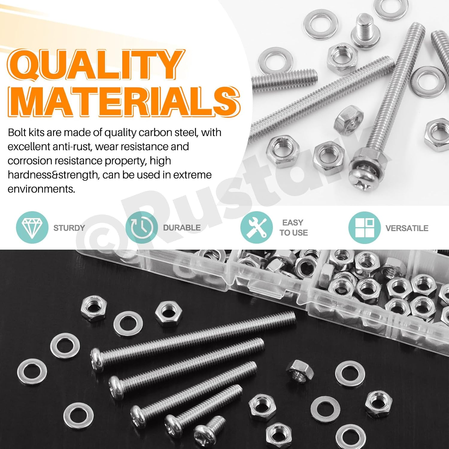 Rustark 114Pcs 6 Sizes M6 304 Stainless Steel Pan Head Phillips Machine Screws Assortment Kit Metric Screws Bolts Washers Nuts Kit Receptacles Mounting Screws for Cabinet Drawer Knob Pull Handle image number 1