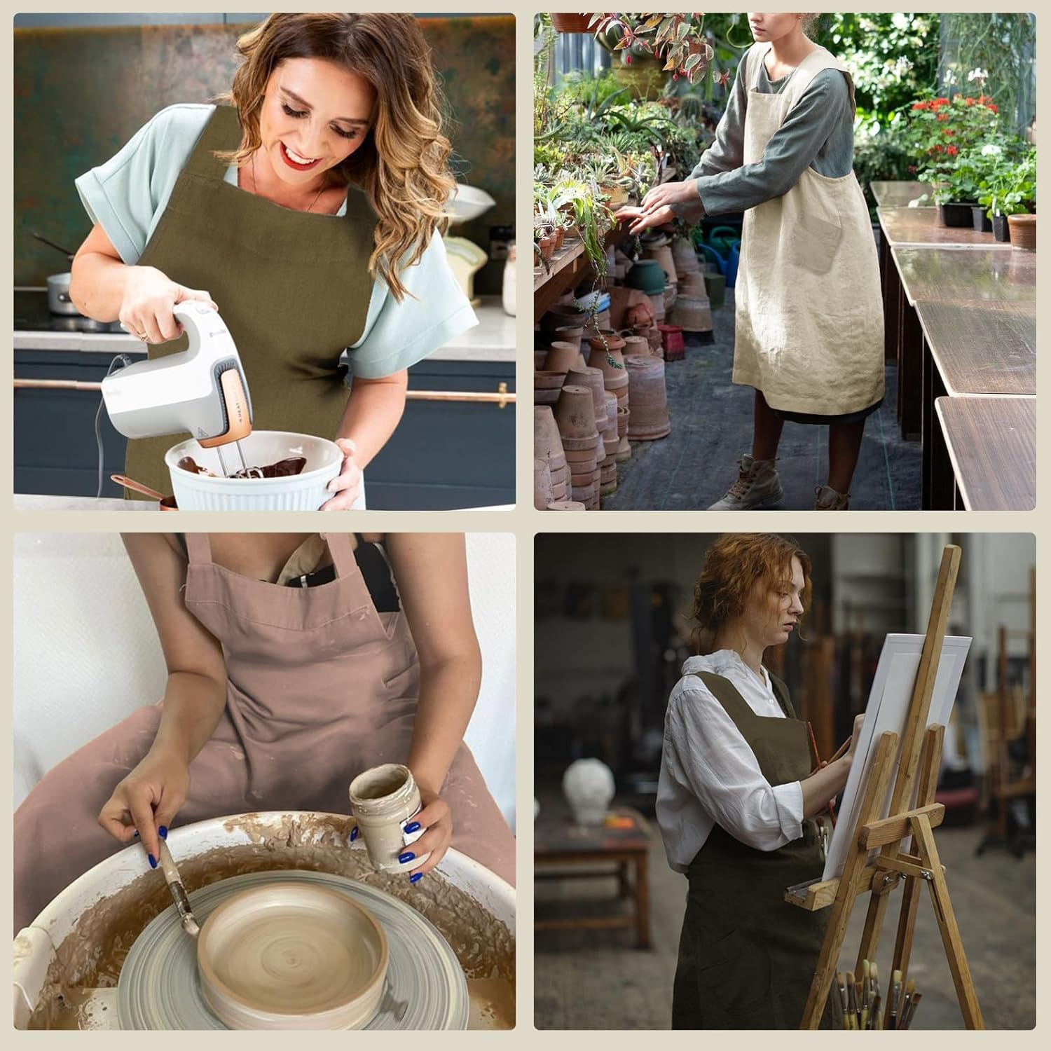 Surblue Cotton Linen Aprons for Women Cross Back Kitchen Apron with Pockets Pinafore Dress for Baking Cooking Gardening Work - Beige image number 5