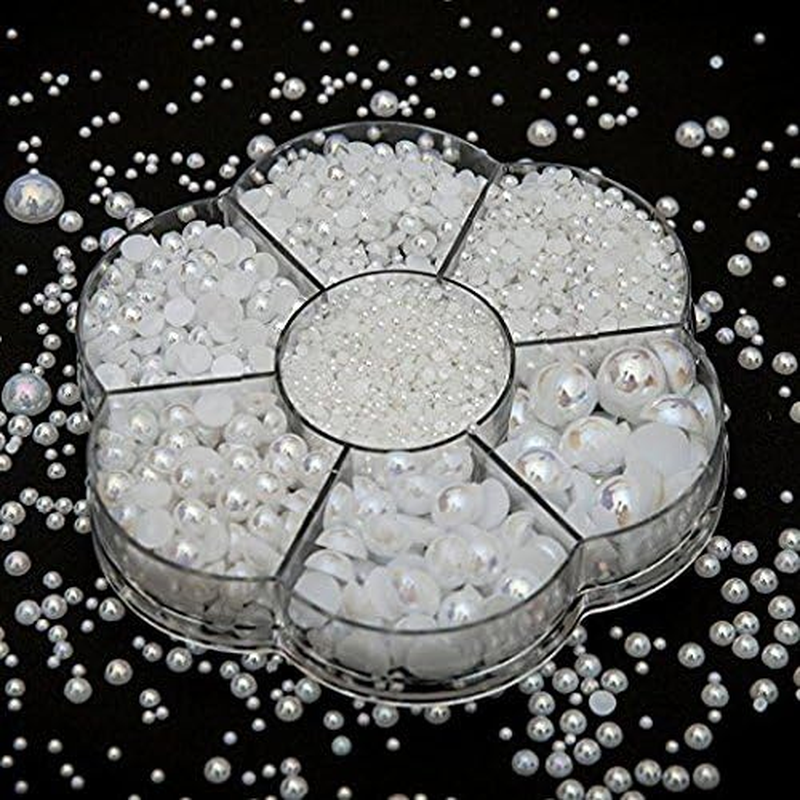 Approx 5600Pcs Assorted 7 Sizes Half round Flatback Pearl Beads DIY Craft Shoes Phone Nail Art Making Plastic Box (AB White) image number 3