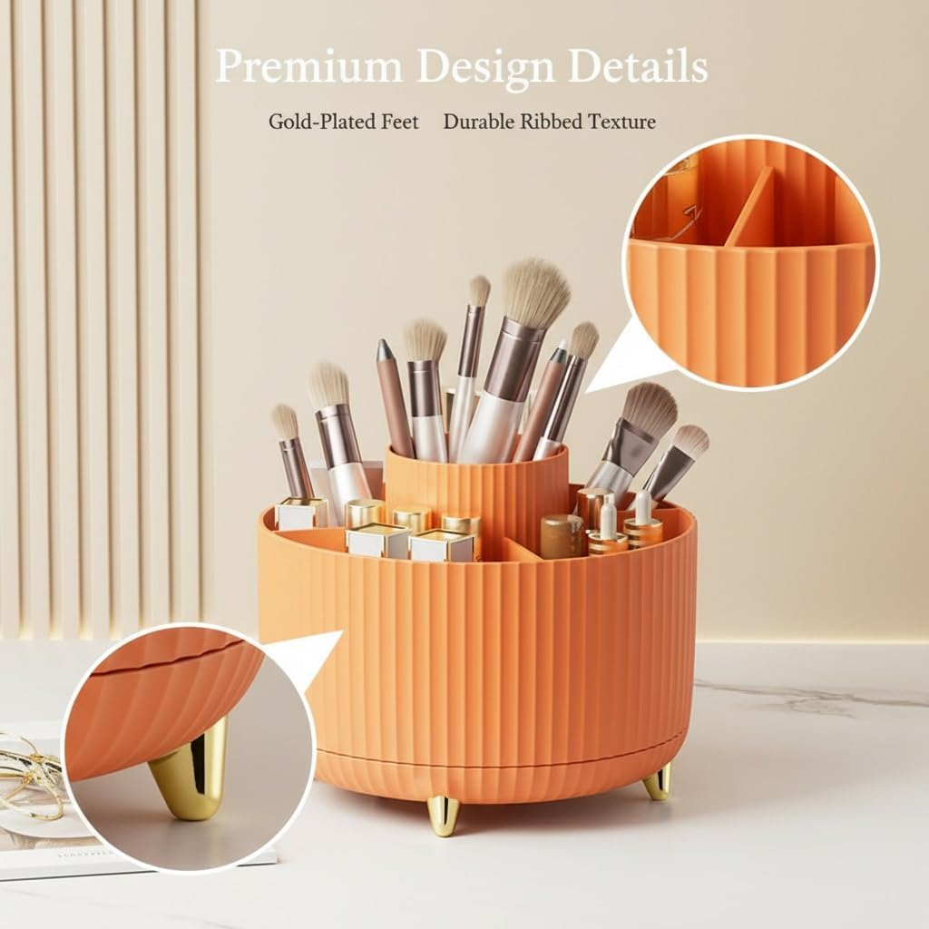 Spinning Makeup Brush Holder, 360&deg; Rotating Makeup Brush Organizer with 5 Slots, Large Capacity Cosmetic Storage Cup for Makeup Brushes, Lipsticks, Nail Polish, Bathroom Vanity Organizer(Orange) image number 3