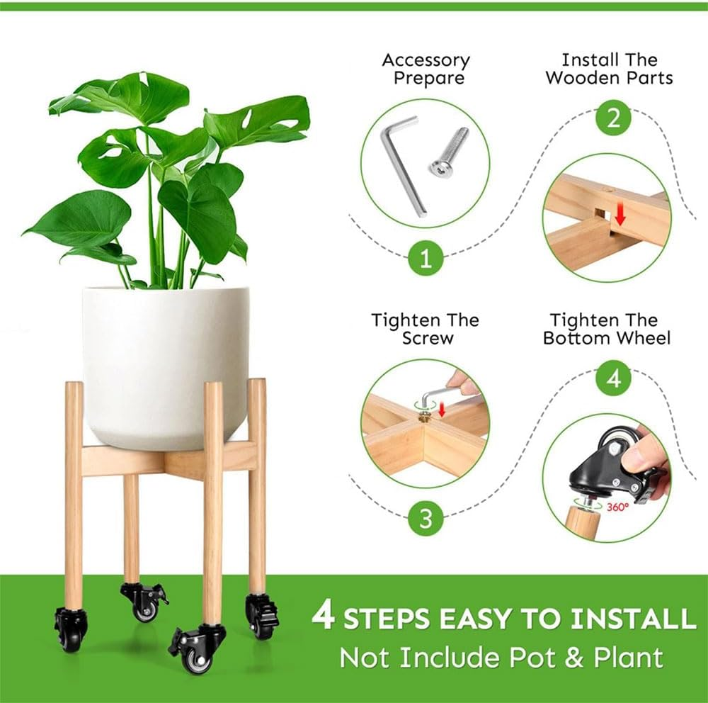 Wood Plant Stand with Wheels &ndash; Movable Plant Holder for 20&ndash;25 CM Pots, Indoor/Outdoor Rolling Flower Rack with Lockable Casters (Natural, 26 X 26 X 30 CM) image number 2