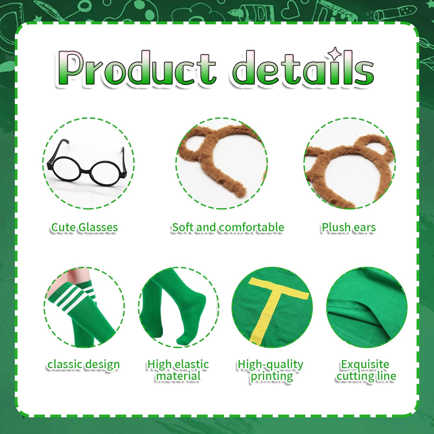 4Pcs Chipmunks Costumes Set with Chipmunk Headbands Glasses T-Shirt Soccer Socks, Chipmunks Fancy Dress Outfit Party Animal Cosplay for Adults Teens World Book Day Halloween Party Dress Up image number 4
