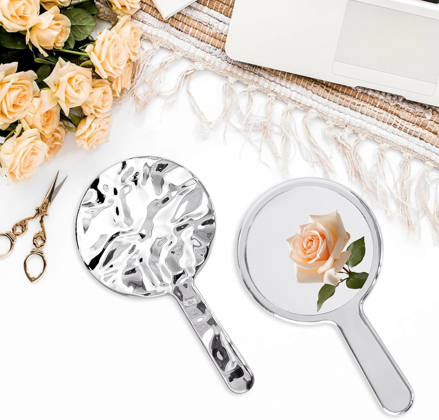 Hand Mirror Professional Hand Held Mirrors Makeup Barbers Shaving Salon Mirrors Hairdressers Compact Tool with Handle for Travel Festival Essentials Portable Makeup Mirror round Silver image number 3