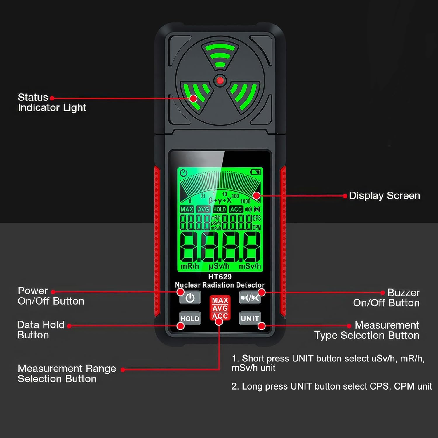 Geiger Counter Nuclear Radiation Detector - Portable Radiation Dosimeter Tester Beta Gamma X-Ray Radioactivity Detector for Nuclear Wastewater Seafood with Backlit LCD Display, Audible & Visual Alarm image number 6