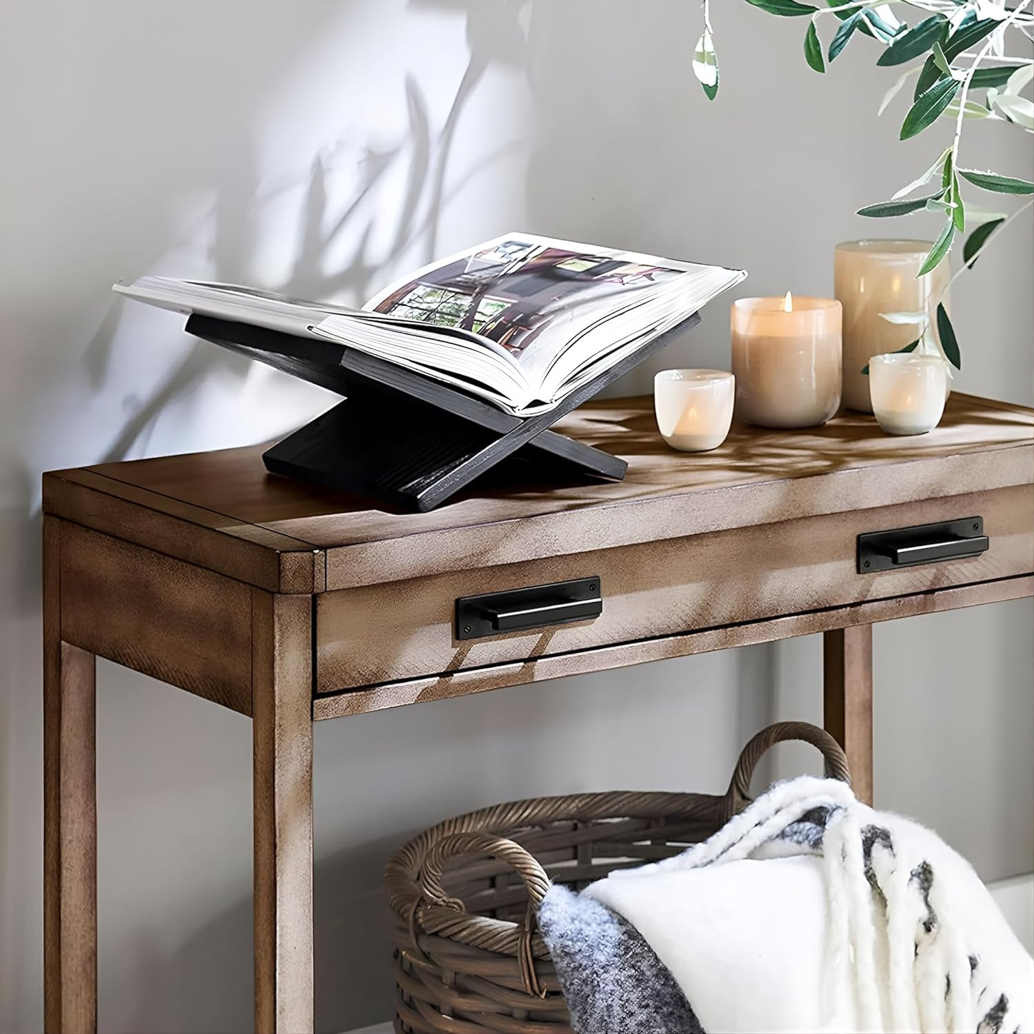 Honygebia Solid Wood Book Stands - Cross Frame Black Oak Wooden Book Holder, Open Bookstand for Display and Reading, Suitable for Art, Bible, Cookbook, Easel, Magazine, Textbooks image number 1