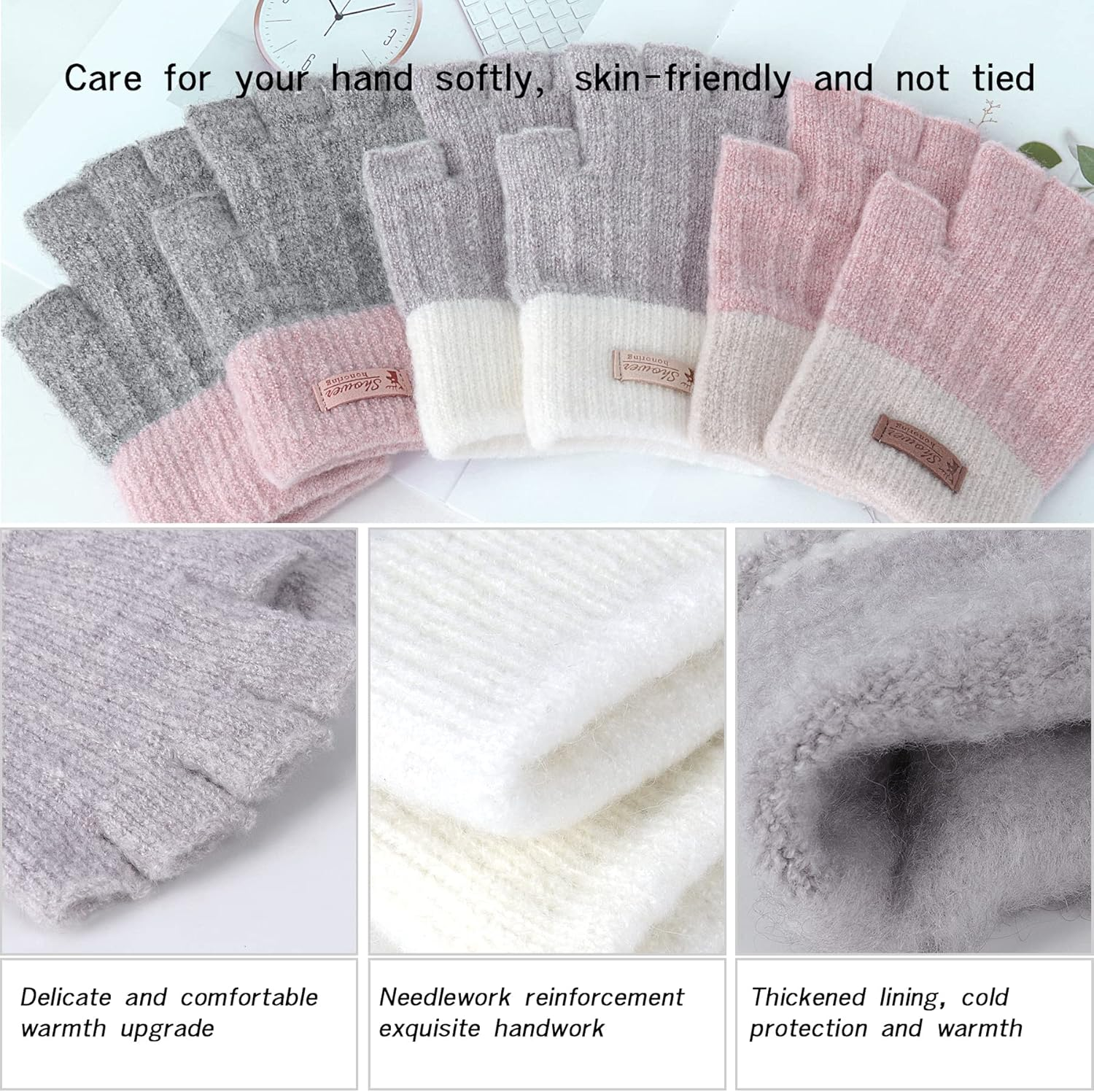 Fingerless Gloves for Women - Winter Thermal Gloves Warm Soft Knit Half Fingers Mittens for Ladies Driving Working Typing UK image number 3