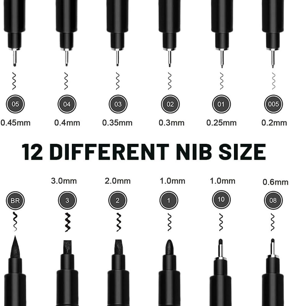 Scondou Set of 12 Fineliner Ink Pens, Micro Pens, Black, Various Nib Sizes, Waterproof Ink, Perfect for Drawing, Sketching, Writing, Journaling
