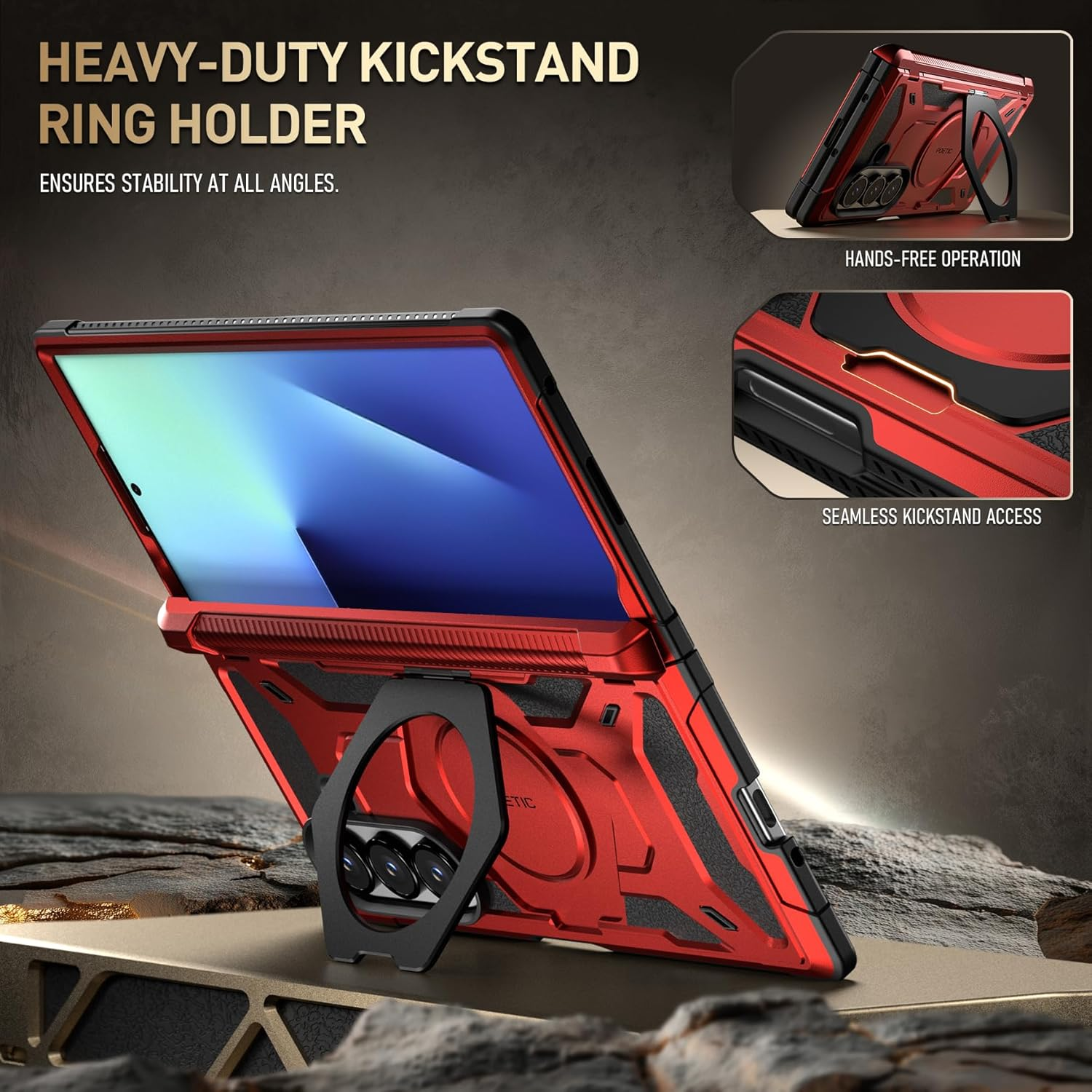 Poetic Spartan for Samsung Galaxy Z Fold 7 Case, [Hinge Protection][Magnetic Ring Adjustable Stand][Built-In Screen Protector][Compatible with Magsafe] Full-Body Rugged Phone Case, Metallic Red