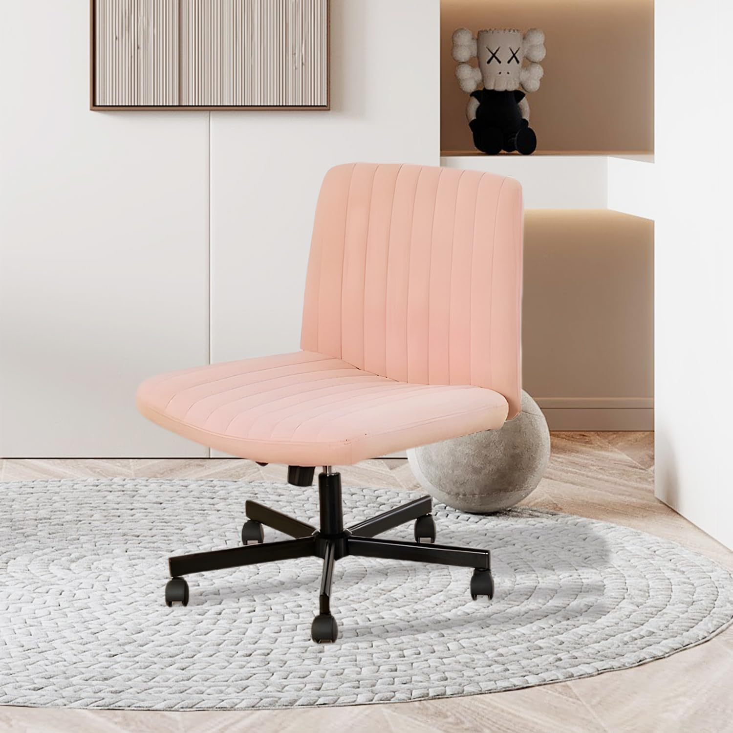 Uandhome Armless Office Chair with Wheels,Ergonomic Wide Seat Fabric Cross Legged Desk Chair, Swivel Computer Chair for Home Office, Modern Vanity Chair image number 1