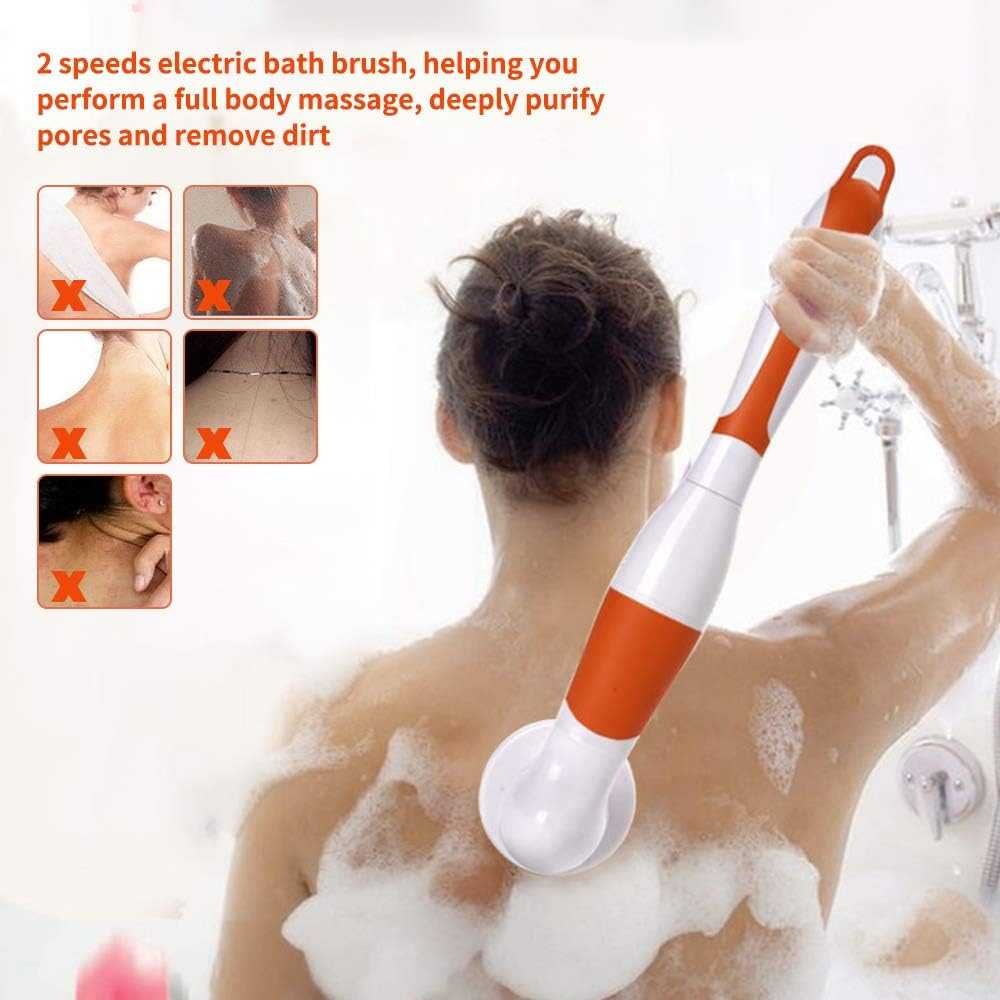 Staright 4 in 1 Waterproof Electric Bath Brush Multi-Functional Body Cleansing Brush Back Massage Scrubber with 4 Brush Heads Shower Brush with Long Handle