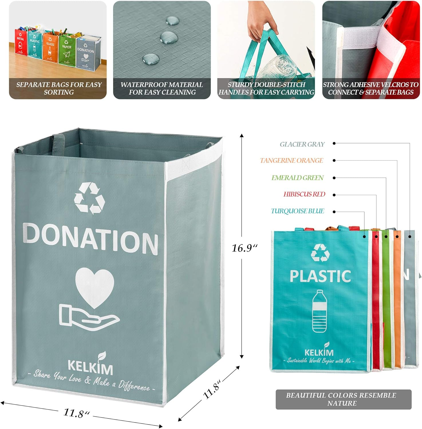 KELKIM Recycling Bin Bags & Donation Bag for Home Kitchen Office/Portable Indoor Recycle Waste Organizer/Waterproof Garbage Containers/Separate Recyclable Trash Sorting Bin/Big Size 5 Bags Set image number 3