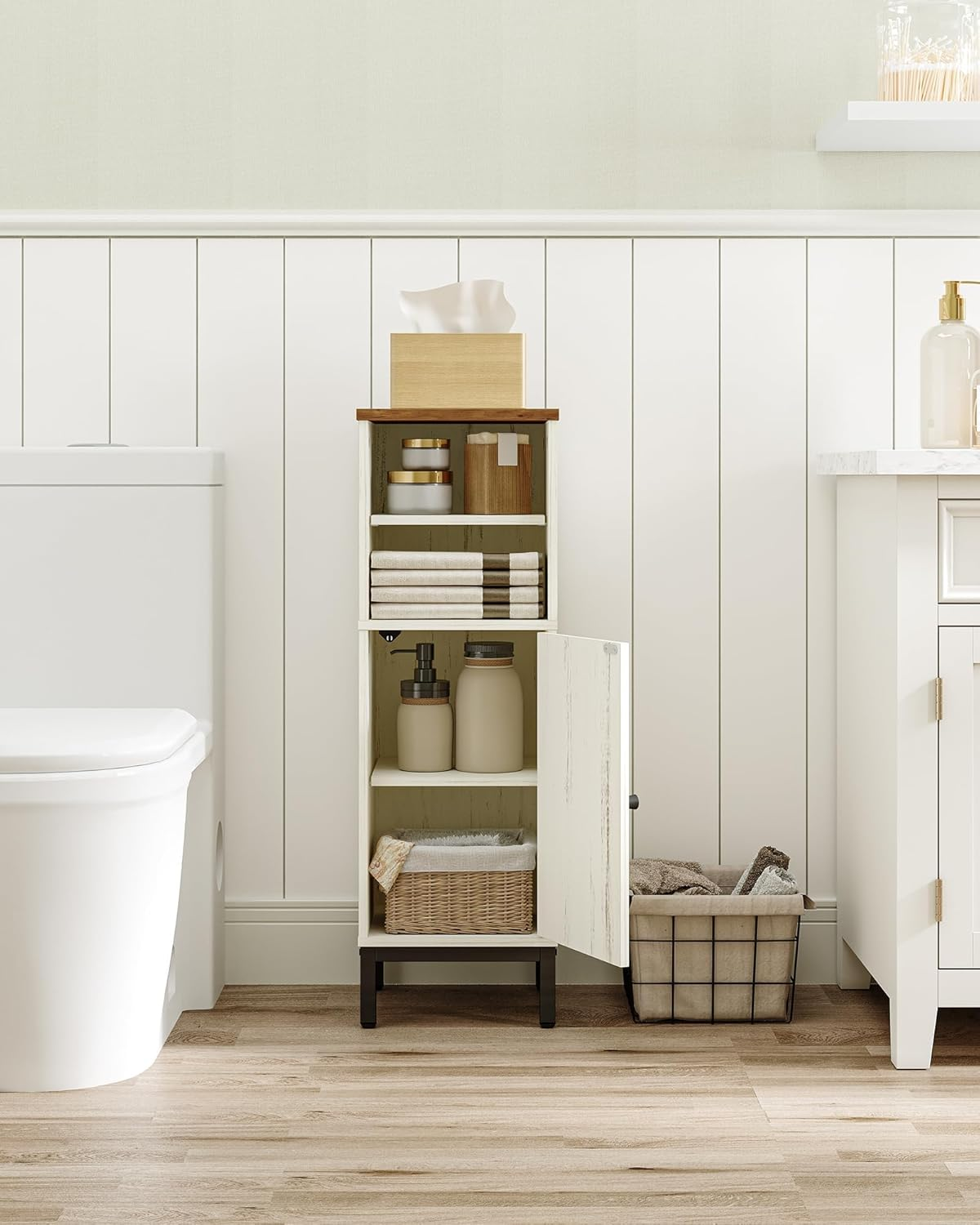 Hzuaneri Bathroom Storage Cabinet, Corner Floor Cabinet with Shelves, Customized Door Opening Direction, Bathroom Organizer with Adjustable Shelf for Kitchen, Living, Toilet Paper Cabinet, White Brown