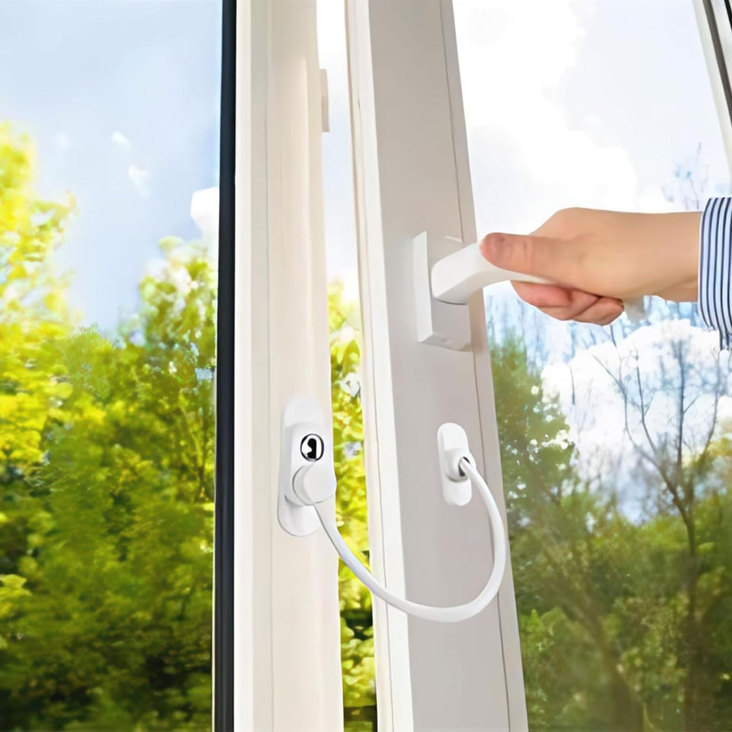 4-Pcs Door & Window Opening Restrictor, Lockable Safety Locks with Keys, Anti-Theft Window Guards for Child Safety, Security Cable Wire Catch to Prevent Kids from Falling (White)