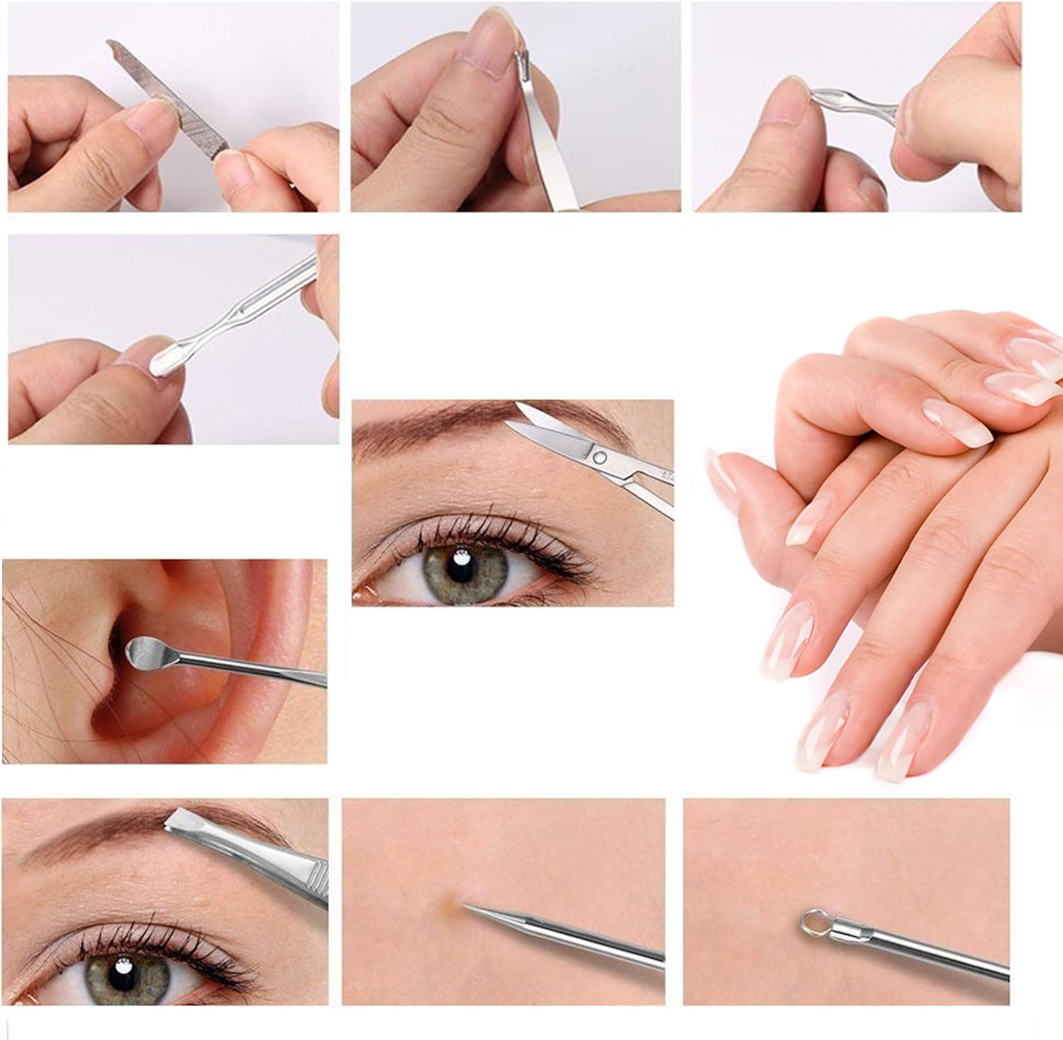 10Pcs Portable Nail Clipper Set Nail Scissors Grooming Kit Ear Spoon Tweezers Nail File Sharp Straight Curved Slant Cutting Blades Stainless Steel Pedicure Manicure Kit with Travel Case image number 2