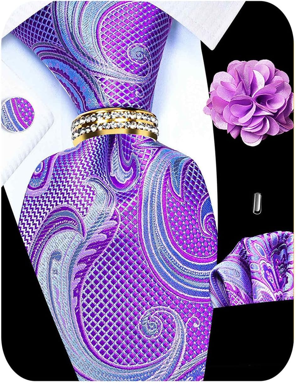 5PCS Paisley Tie and Pocket Square for Men, Silk Tie Handkerchief Cufflinks with Drilled Tie Ring and Lapel Pin Set image number 6